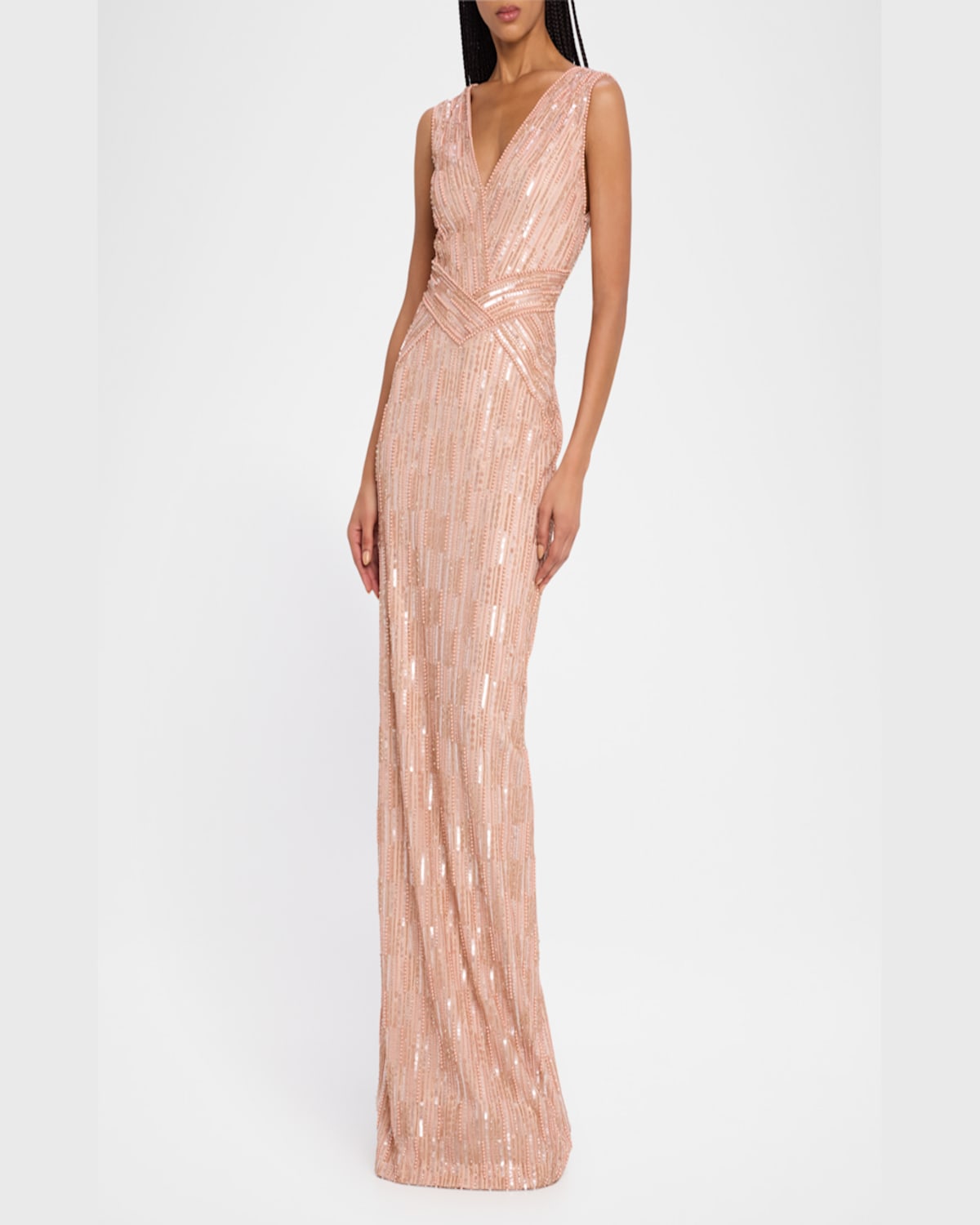 Pamella Roland Column Bead Sequined Tulle Gown In Blush