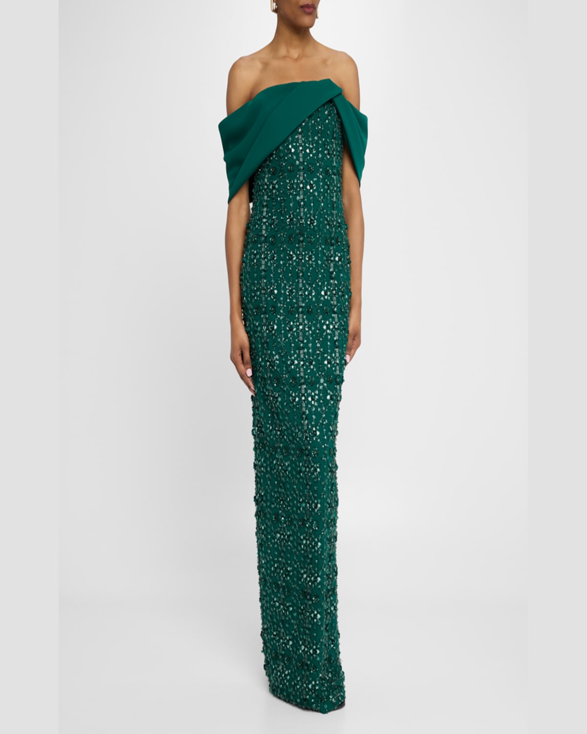 Pamella Roland Embroidered Tulle And Crepe Gown In Emerald