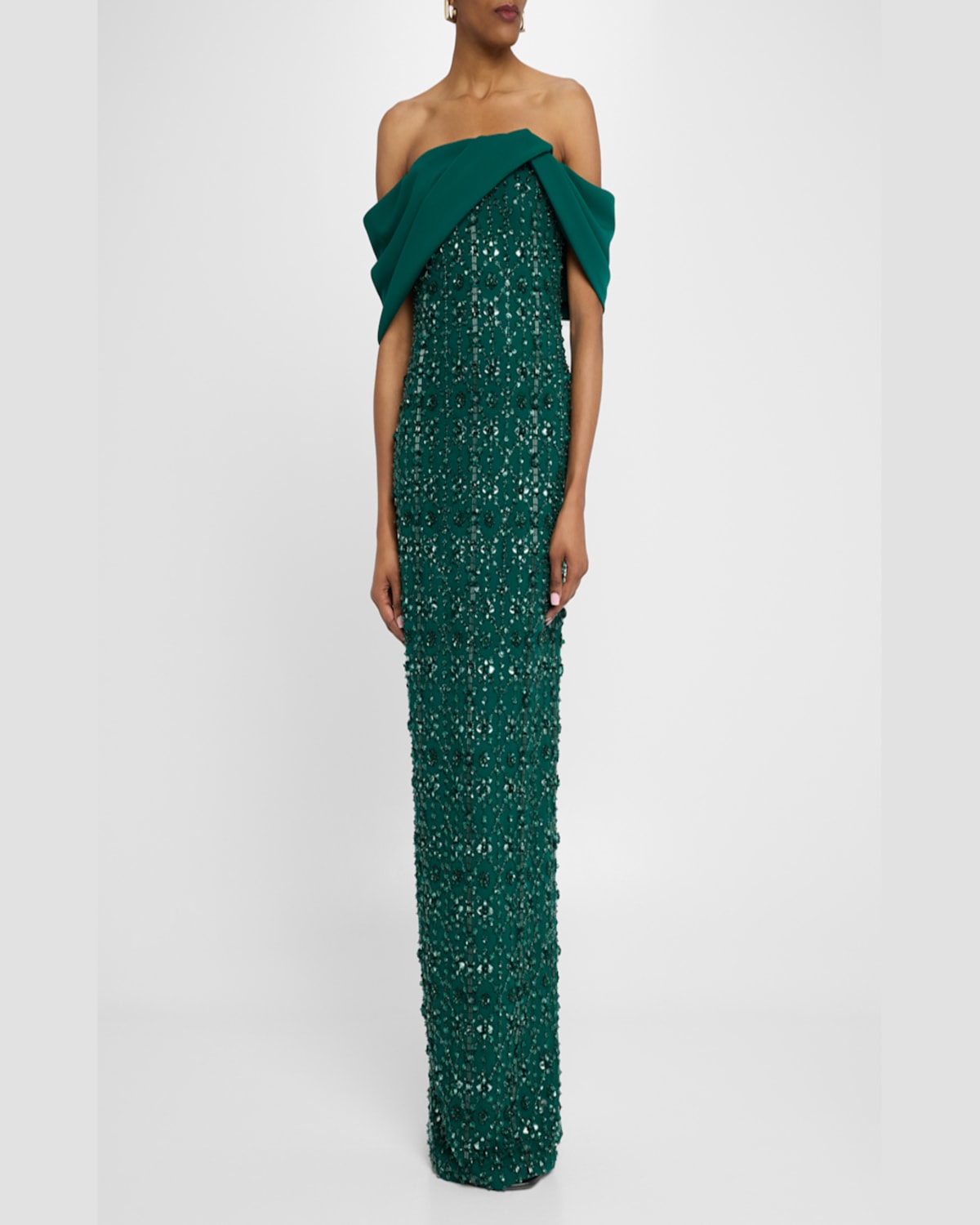 Pamella Roland Embroidered Tulle And Crepe Gown In Emerald