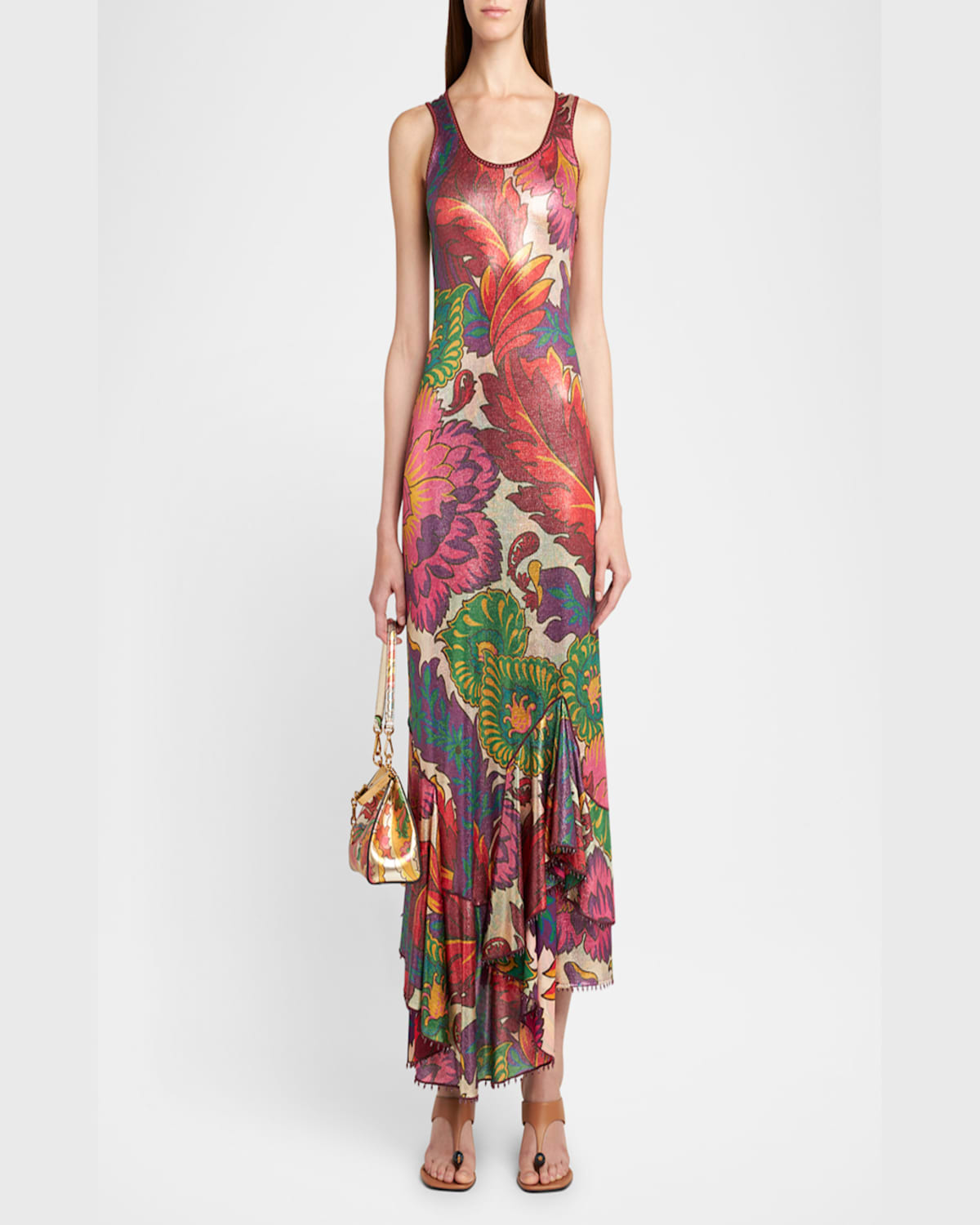 Etro Laminated Jersey Dress With Maxi Floral Print In Print On White Base