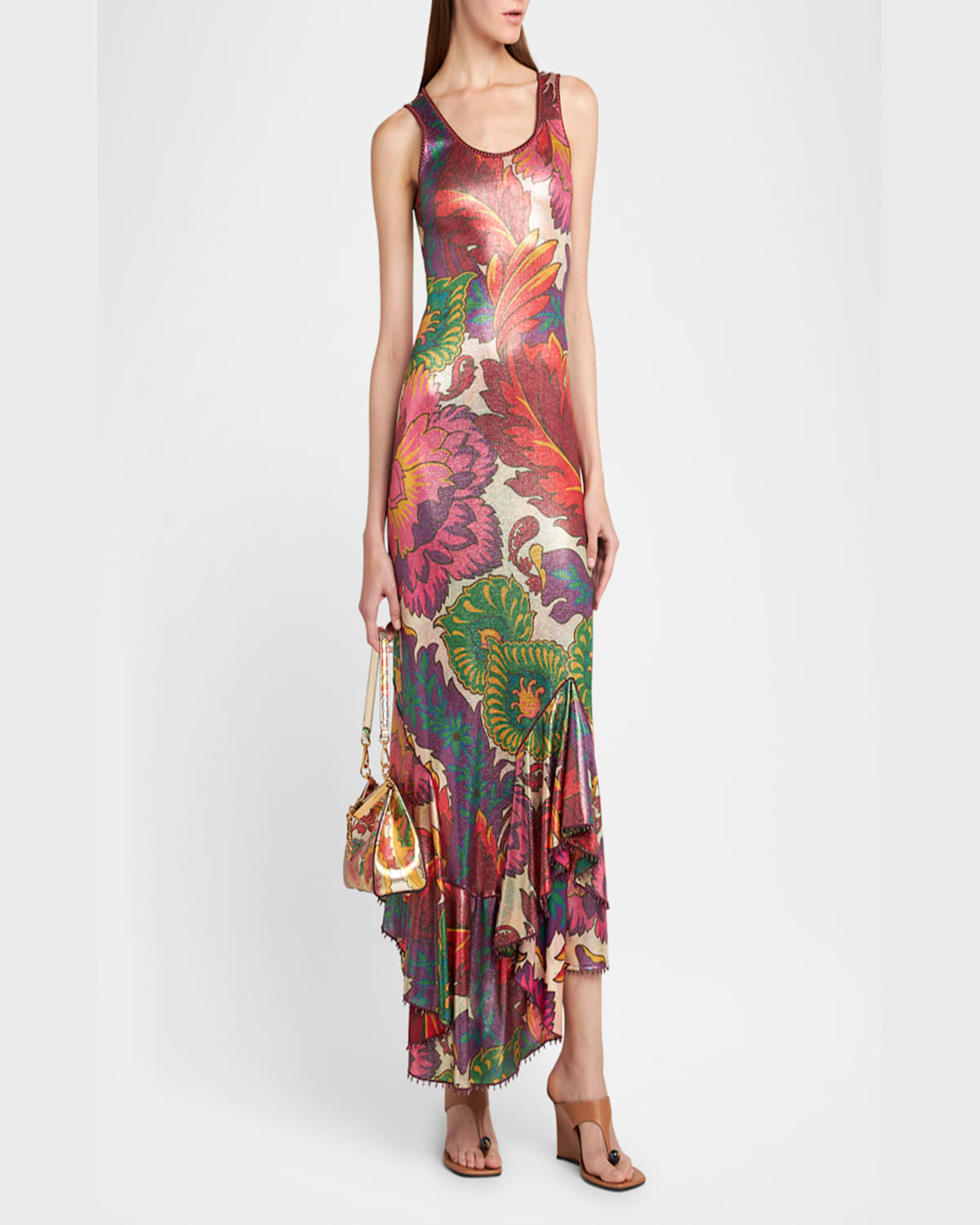 Etro Laminated Jersey Dress With Maxi Floral Print In Print On White Base