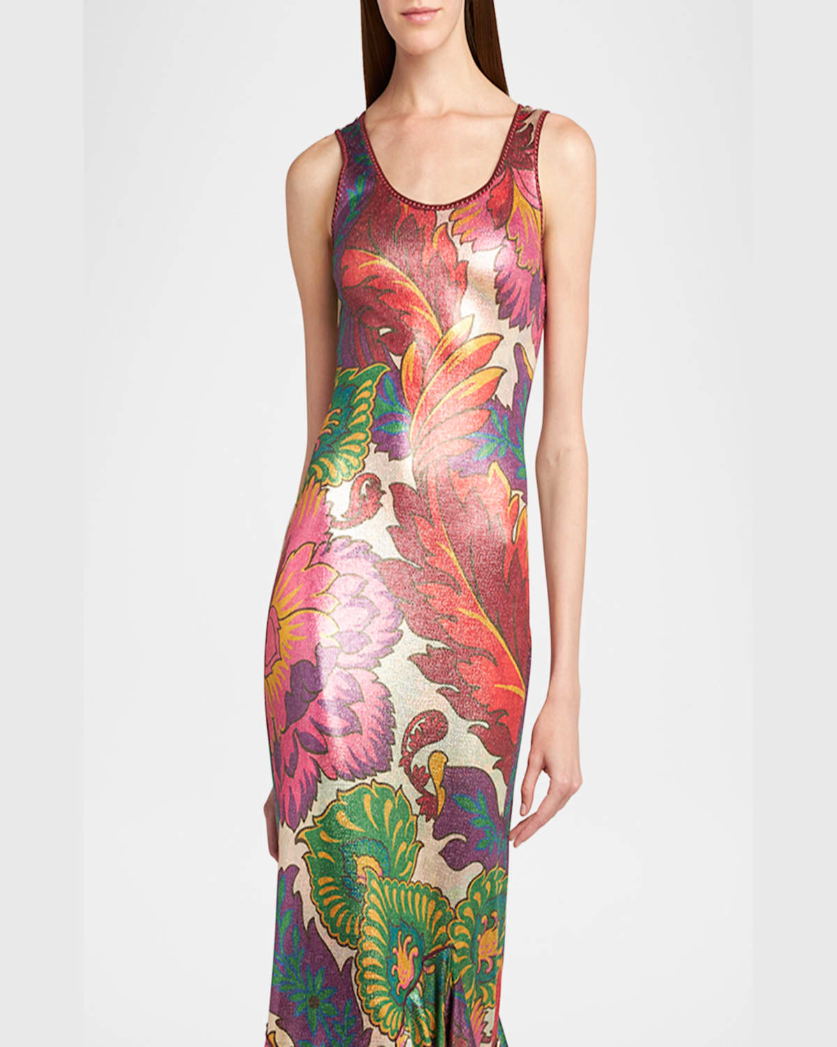 Etro Laminated Jersey Dress With Maxi Floral Print In Print On White Base