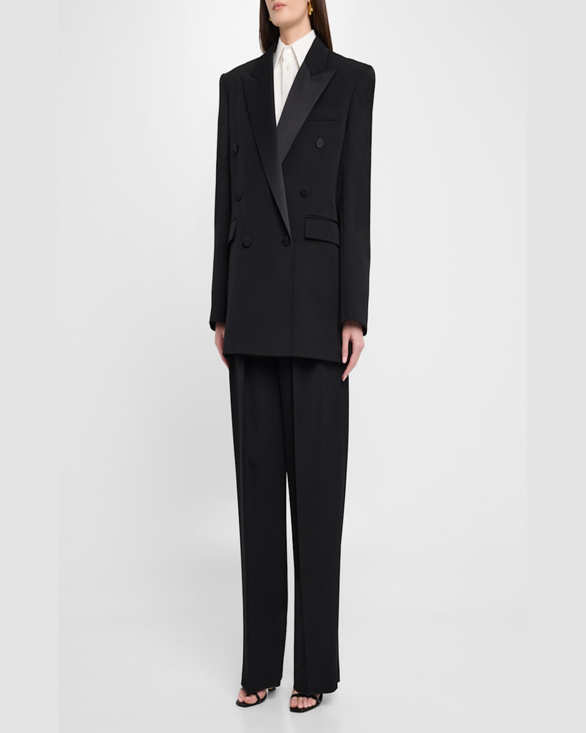 Saint Laurent Black Double-breasted Jacket With Peak Revers And Double Vent On The Rear In Wool Woman In Noir