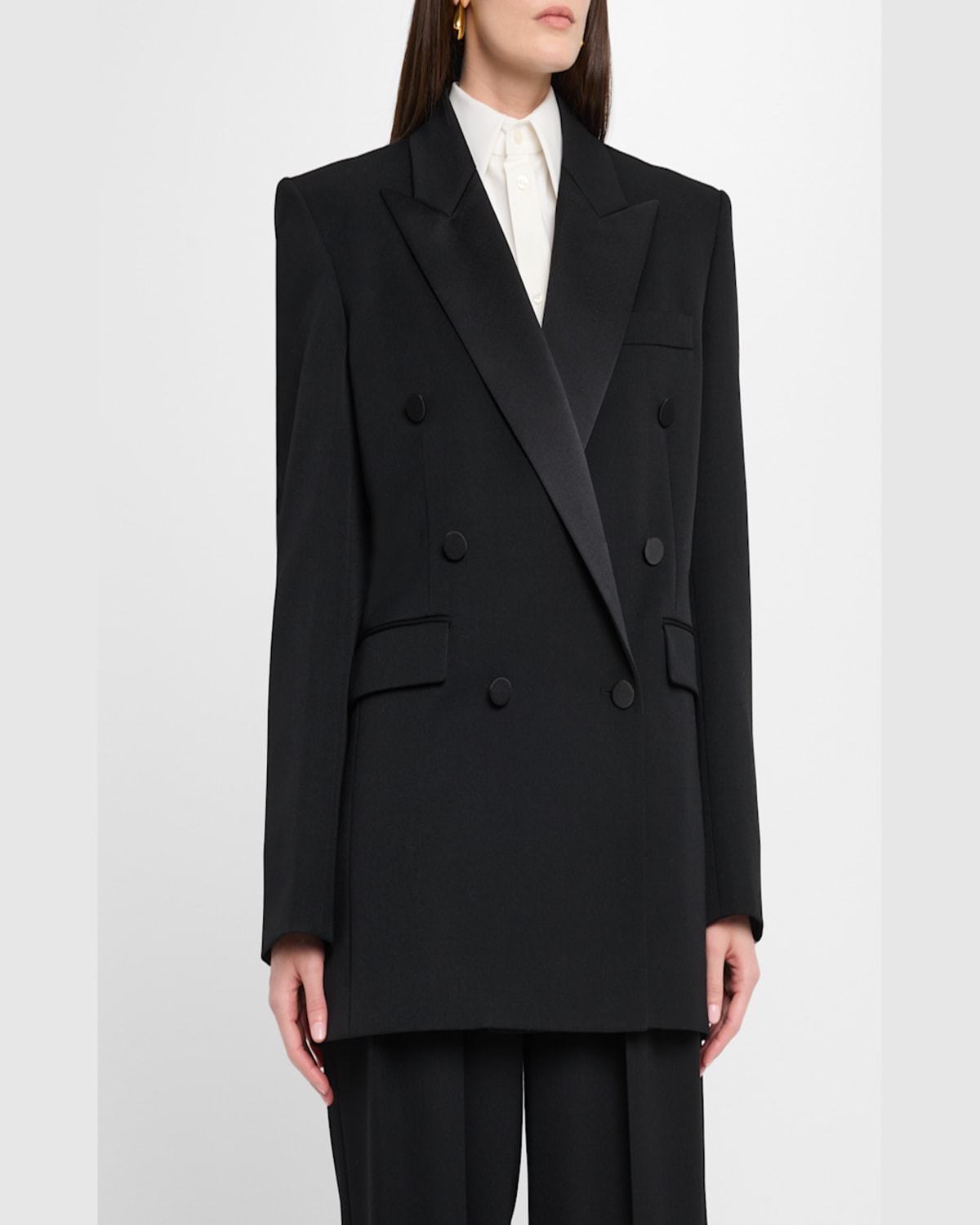Saint Laurent Black Double-breasted Jacket With Peak Revers And Double Vent On The Rear In Wool Woman In Noir