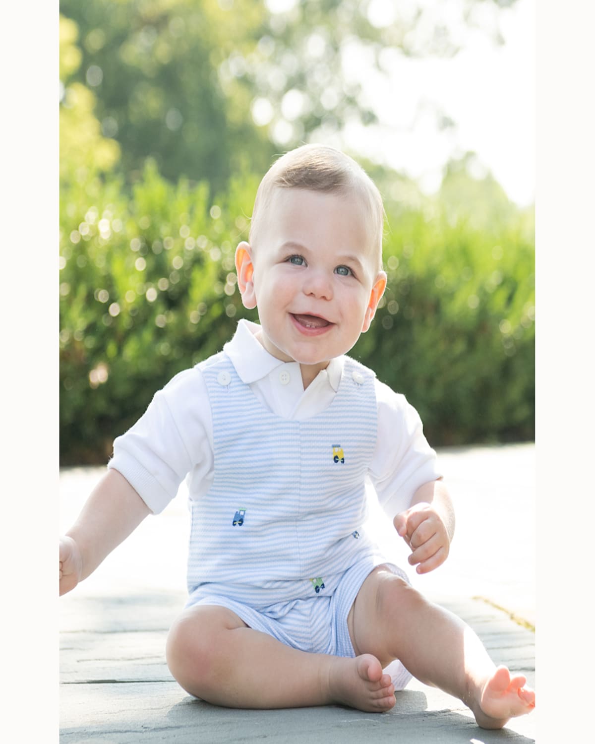 FLORENCE EISEMAN BOY'S STRIPED EMBROIDERED TRAINS SHORTALL W/ POLO SHIRT 
