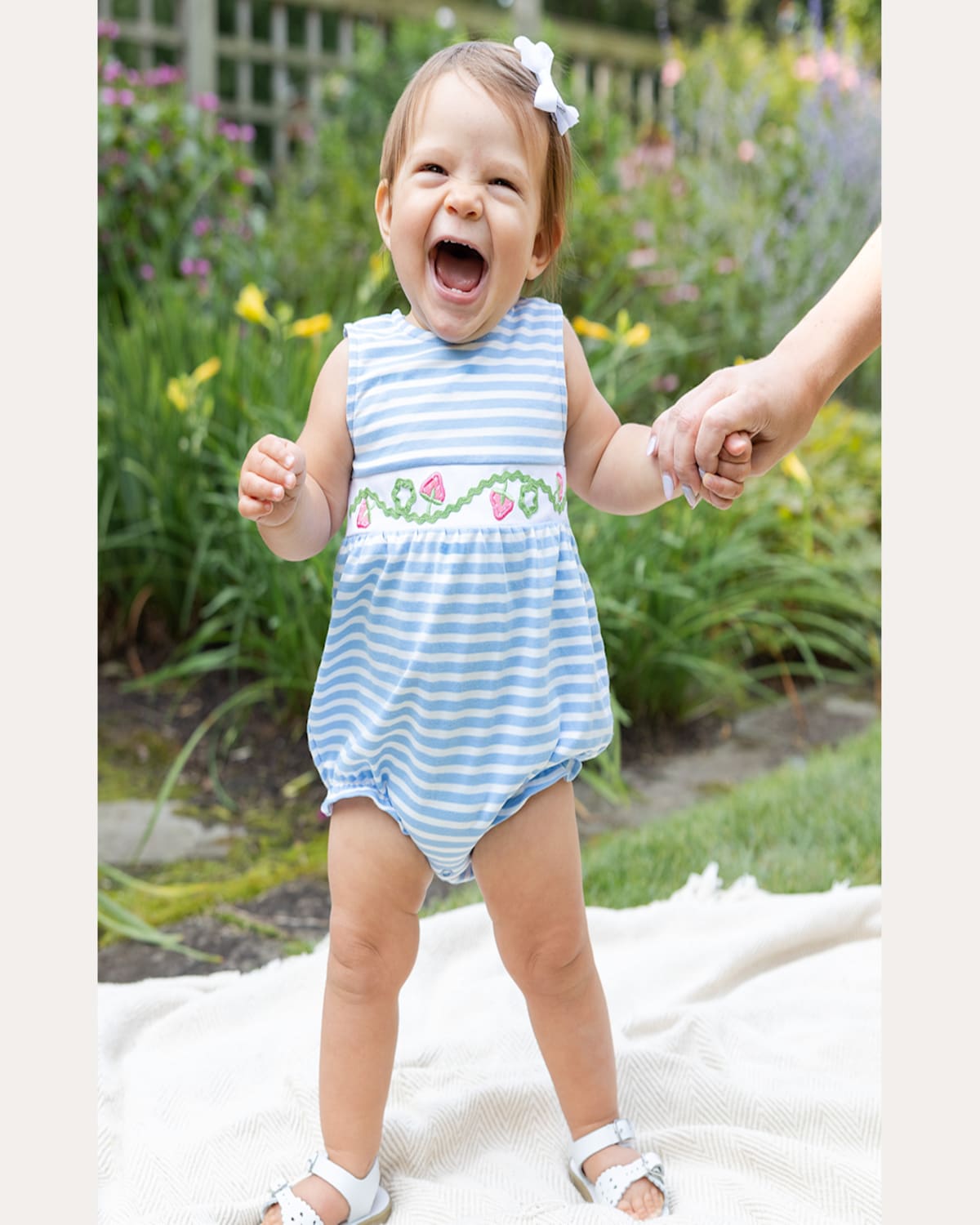 Florence Eiseman Striped Bubble Romper W/ Embroidered Strawberries In Blue Wht