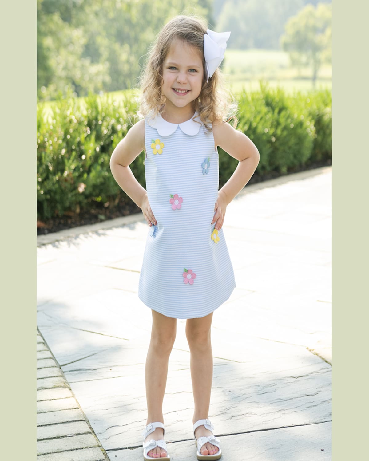 FLORENCE EISEMAN GIRL'S STRIPED DRESS W/ FLORAL APPLIQUES 