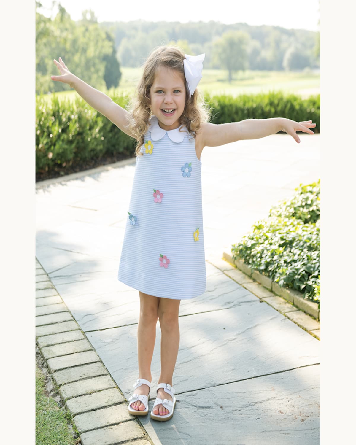 FLORENCE EISEMAN GIRL'S STRIPED DRESS W/ FLORAL APPLIQUES 
