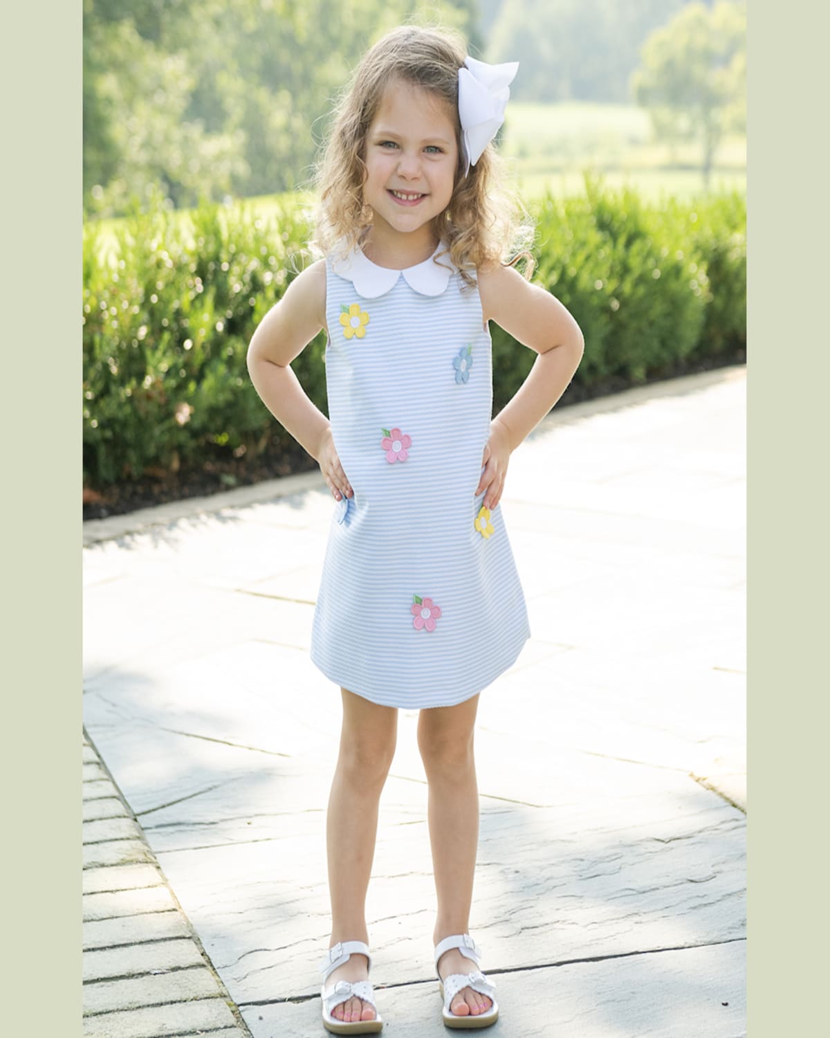 Shop Florence Eiseman Girl's Striped Dress W/ Floral Appliques In Blue Wht