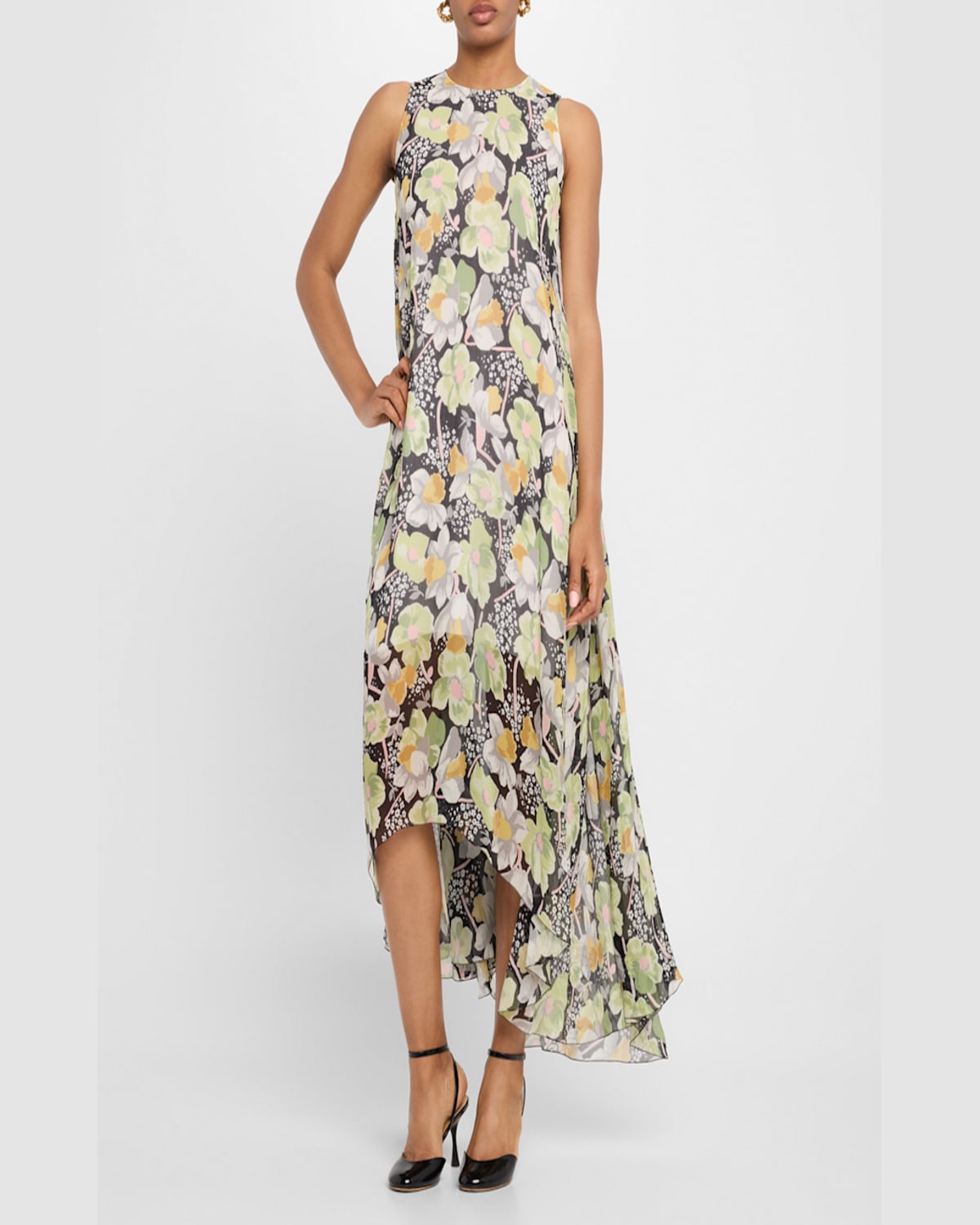 Loewe Floral Print Hoop Skirt Maxi Chiffon Silk Dress In Black Multicolor