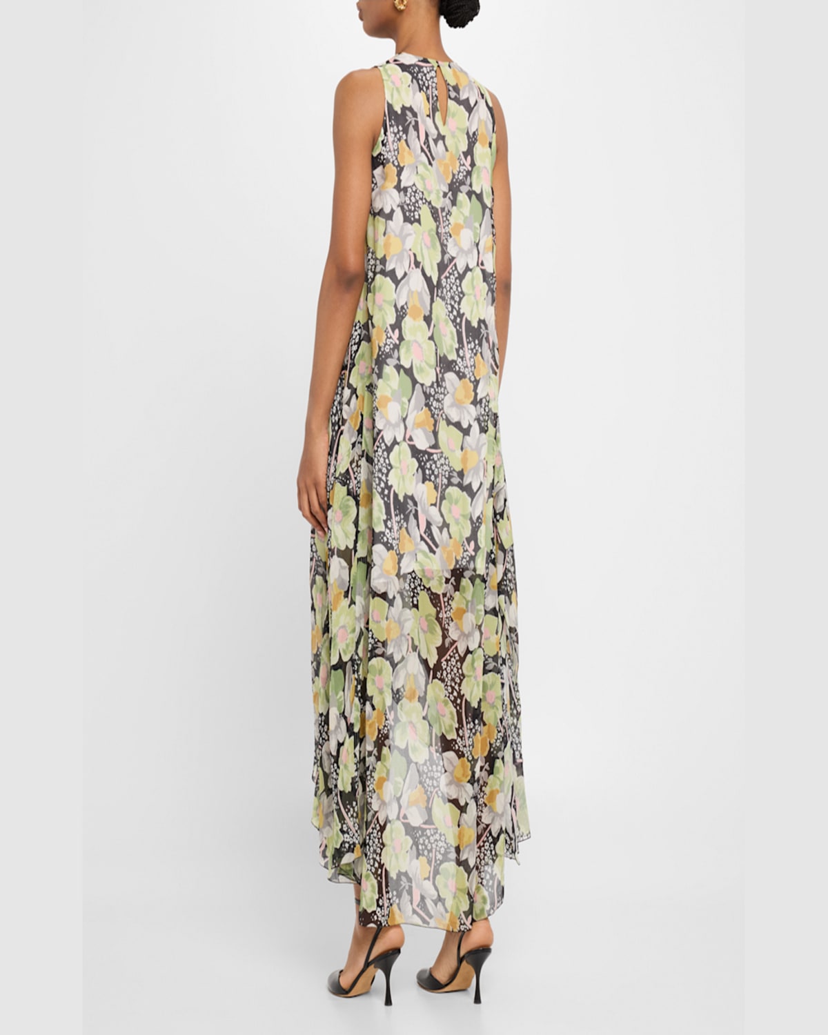 Loewe Floral Print Hoop Skirt Maxi Chiffon Silk Dress In Black Multicolor