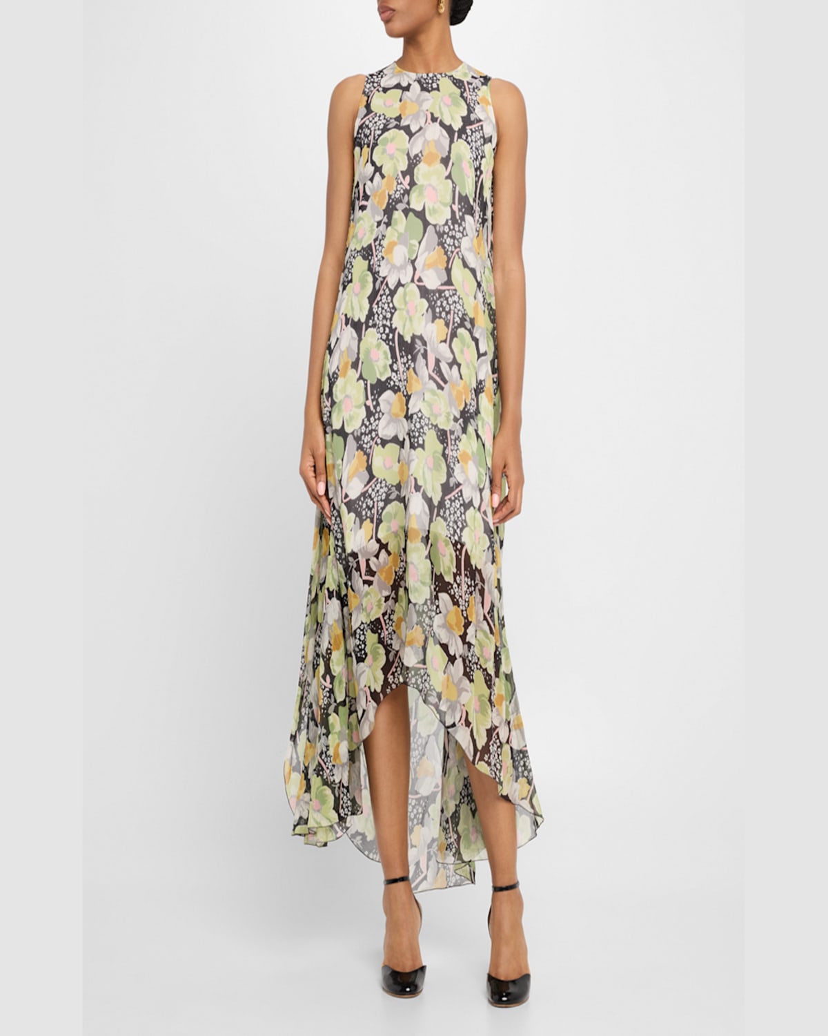 Loewe Floral Print Hoop Skirt Maxi Chiffon Silk Dress In Black Multicolor
