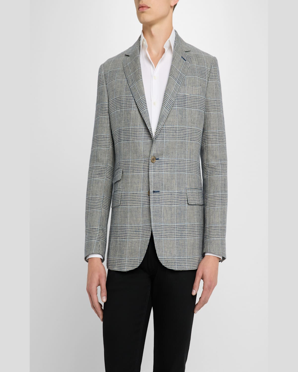 Ralph Lauren Purple Label Kent Hand Tailored Plaid Linen Blazer In Navy