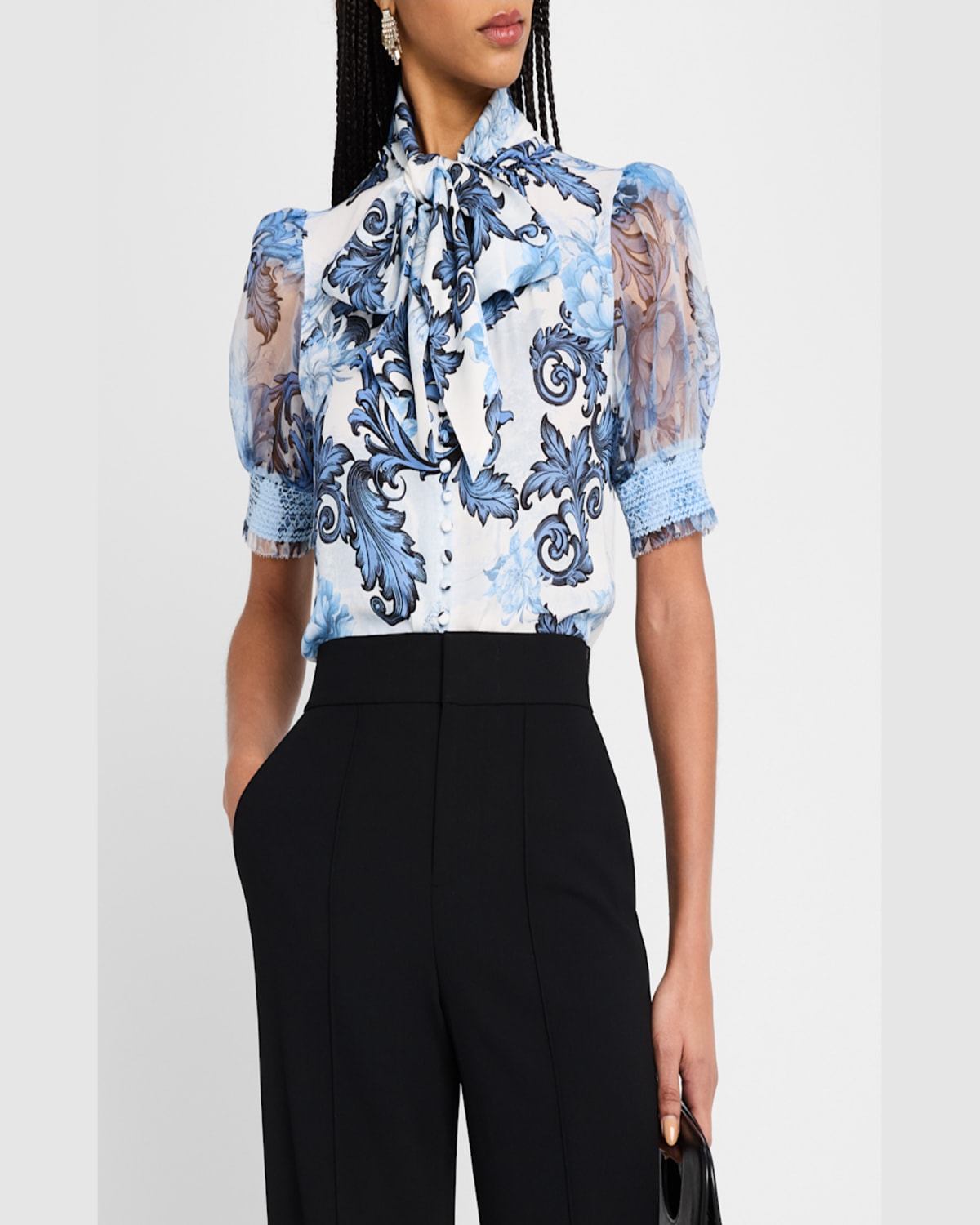 Alice And Olivia Scroll Symphony Brentley Tie-neck Top In Scroll Symphony