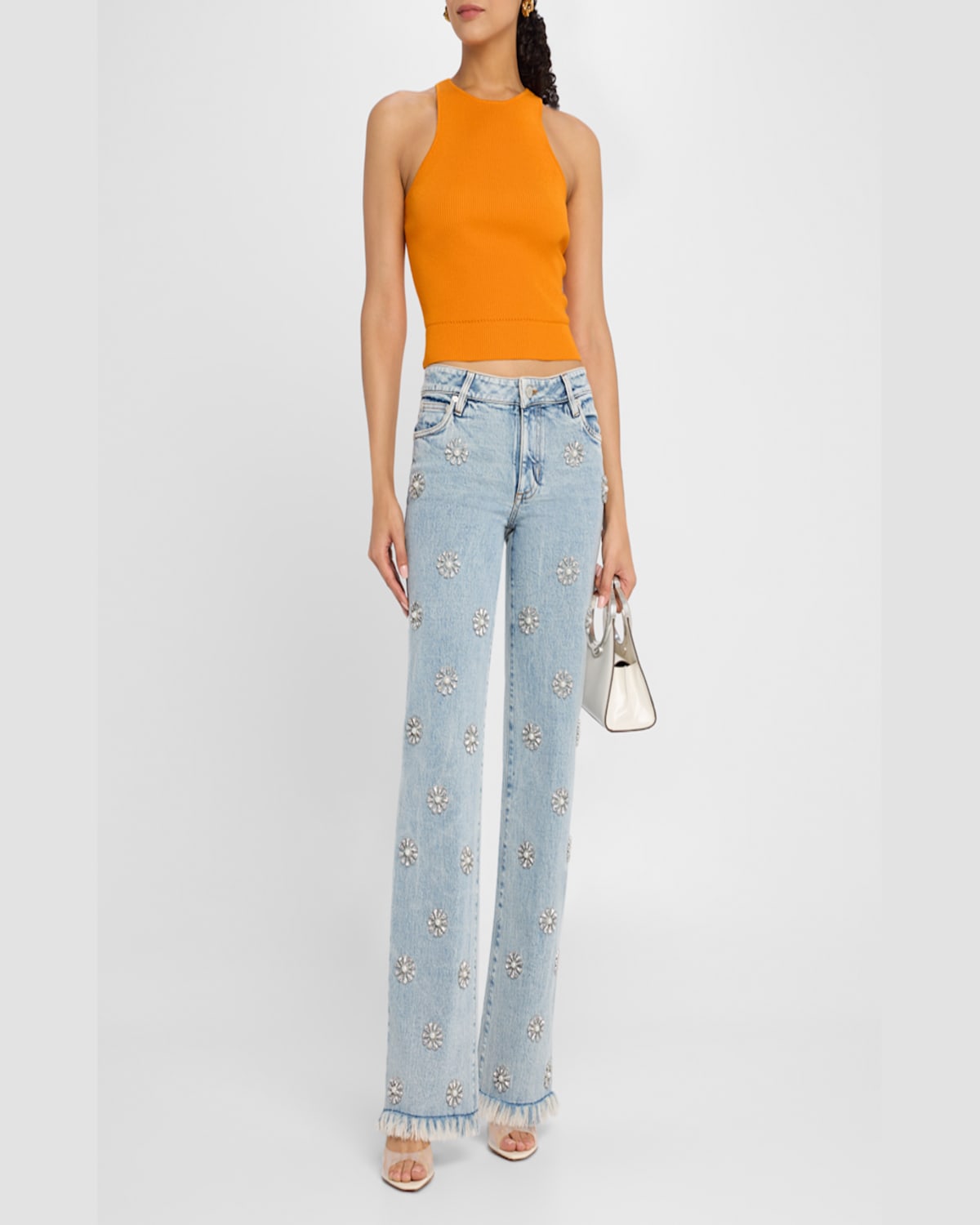Alice And Olivia Roxie Embellished Straight Flare Full Length Jeans Gemma Light Blue In Gemma Light Blue