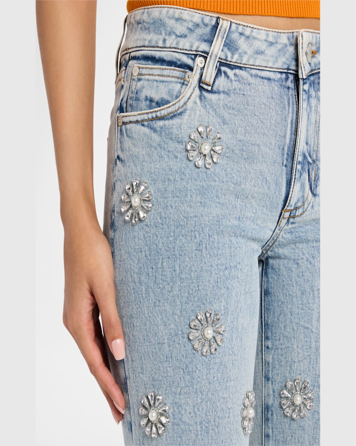 Alice And Olivia Roxie Embellished Straight Flare Full Length Jeans Gemma Light Blue In Gemma Light Blue