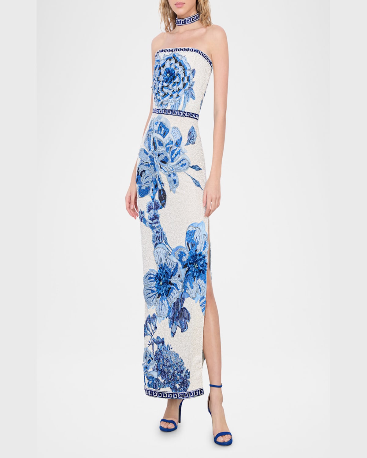 Alice And Olivia Georgie Embellished Strapless High Slit Gown With Collar In Affection