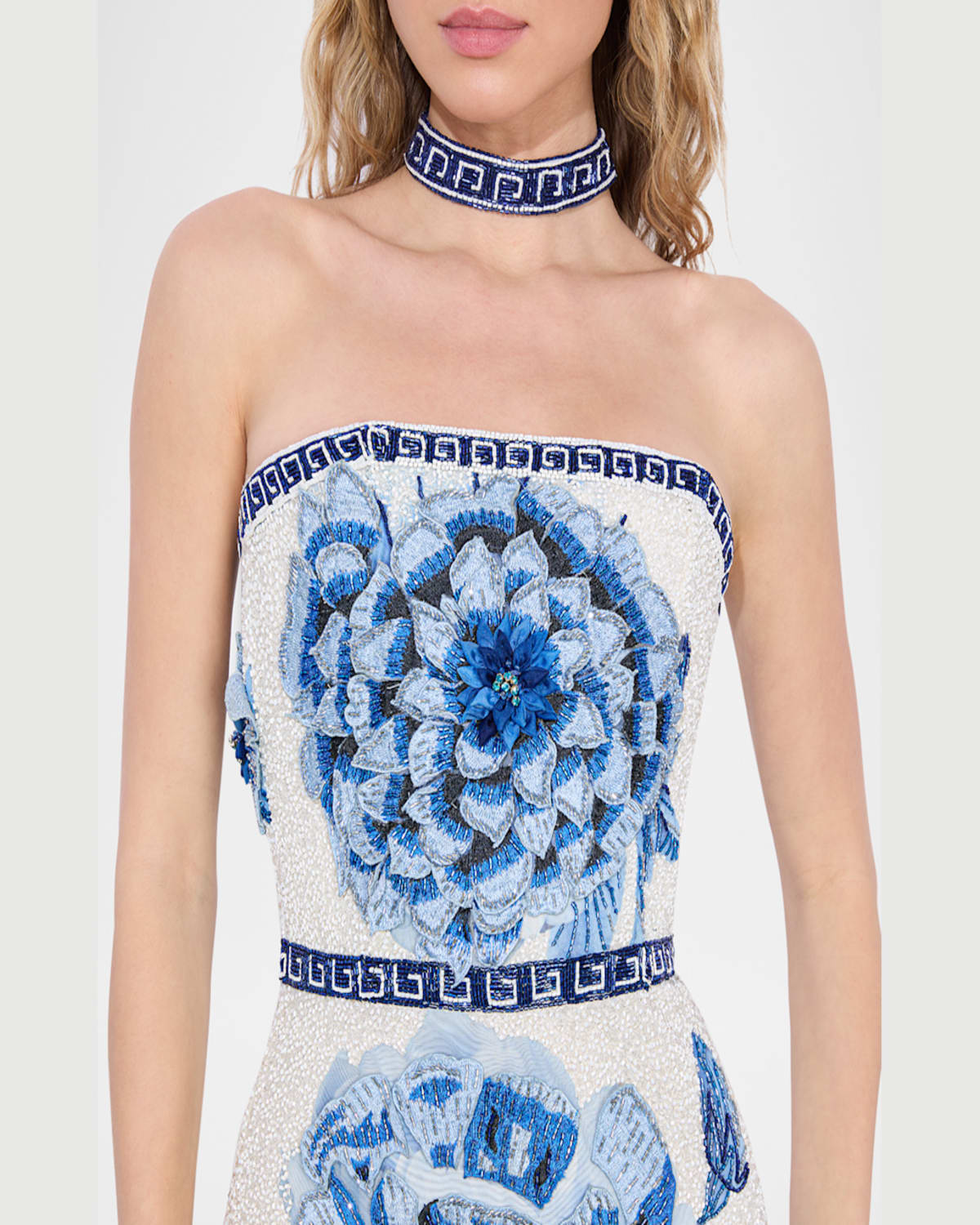 Alice And Olivia Georgie Embellished Strapless High Slit Gown With Collar In Affection