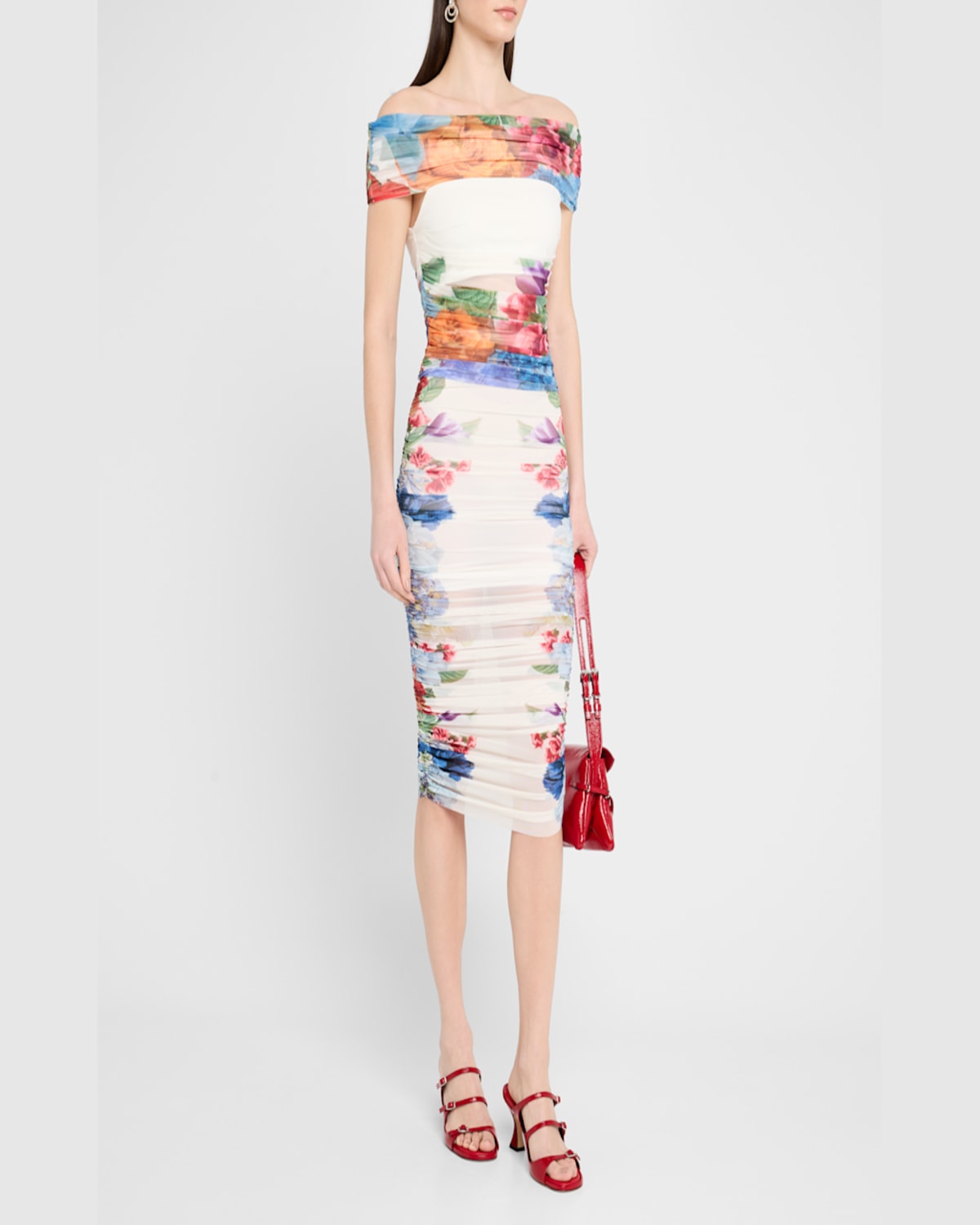 Alice And Olivia Isadola Folded Off-shoulder Ruched Top In Garden Brunch Off Wh