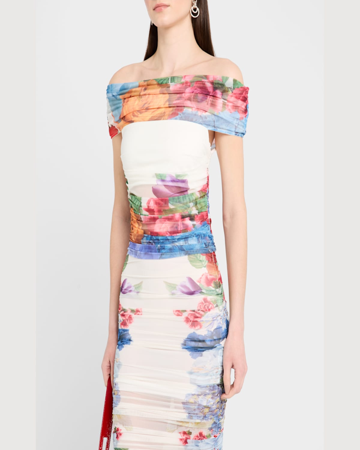 Alice And Olivia Isadola Folded Off-shoulder Ruched Top In Garden Brunch Off Wh