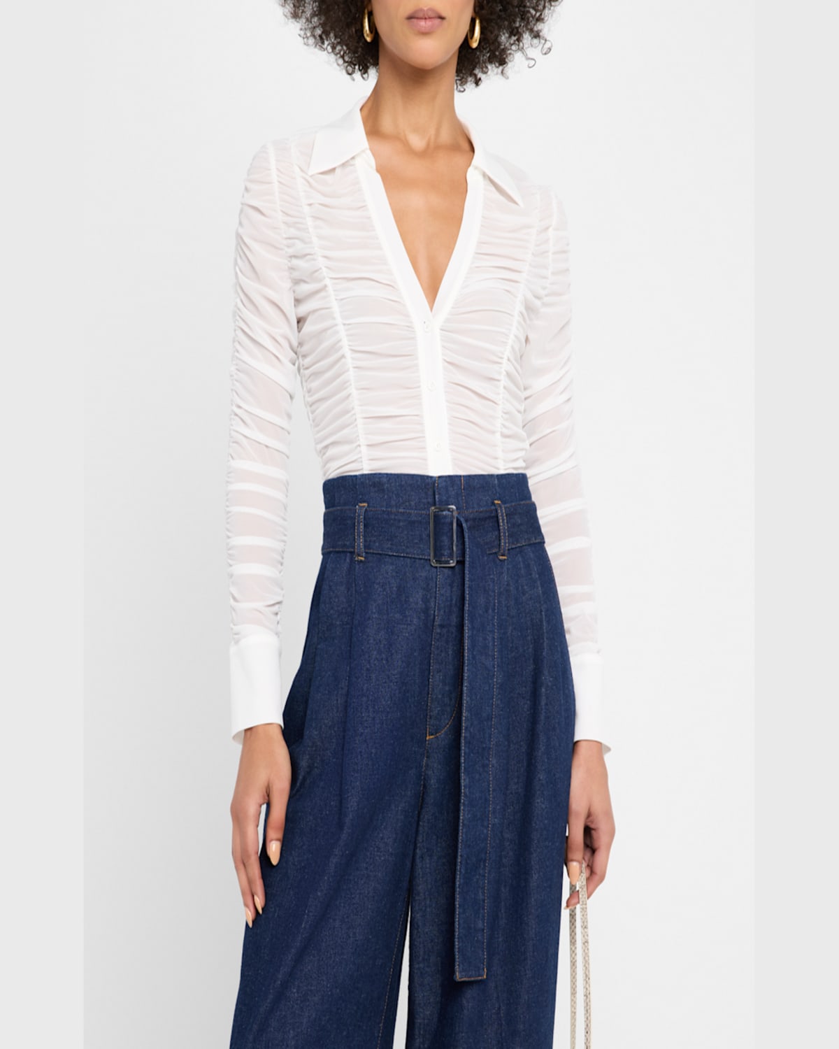 Alice And Olivia Portia Fitted Mesh Button-front Shirt In Off White