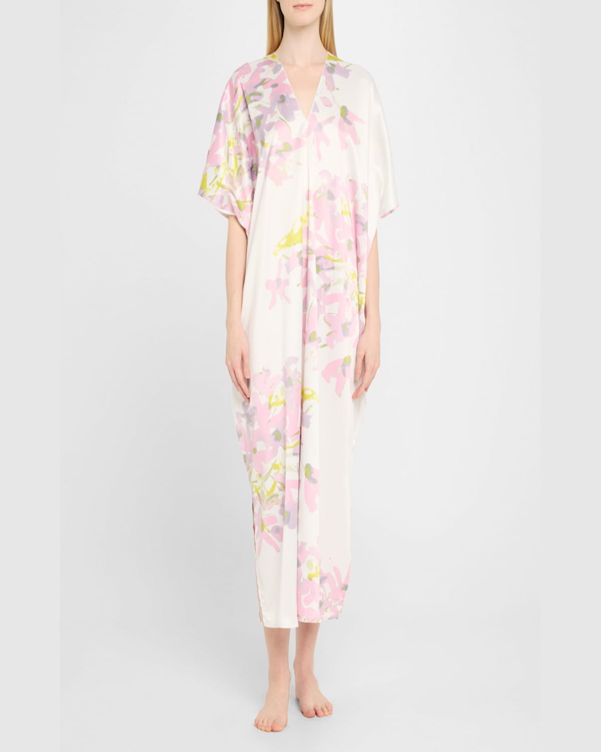 Natori Sumi-e Floral-print Charmeuse Midi Caftan In Rosebud