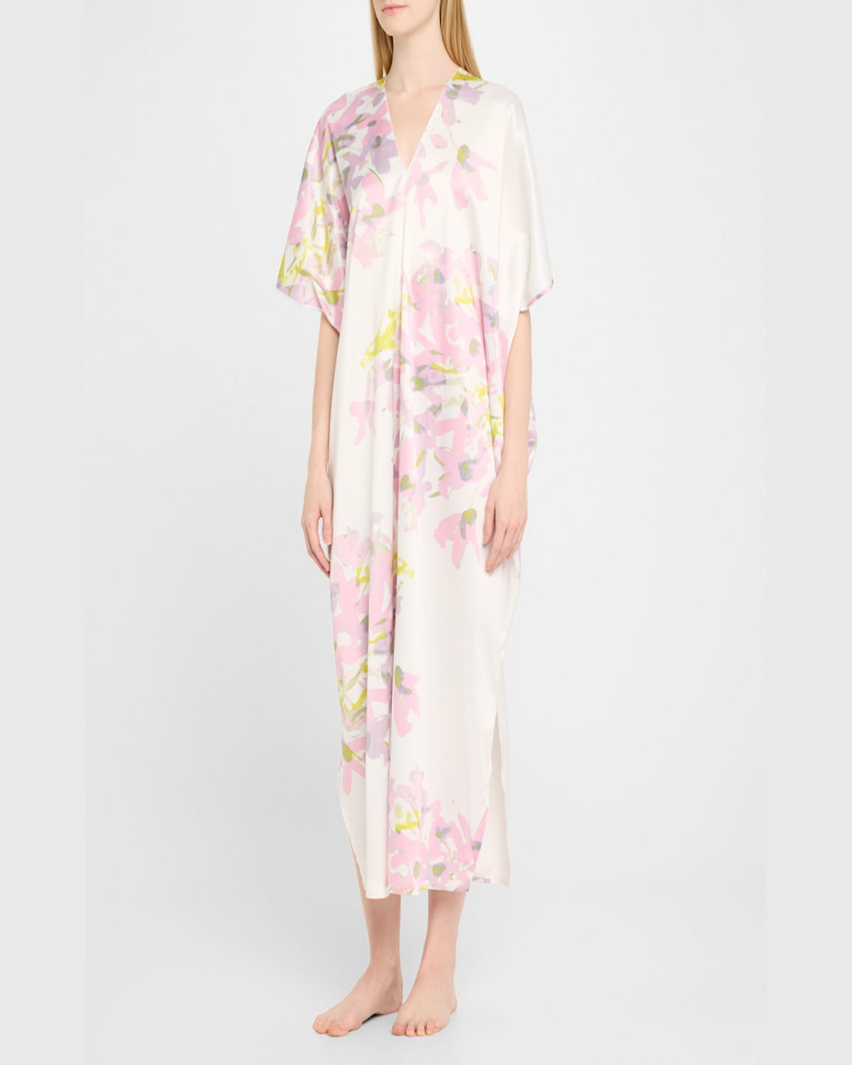 Natori Sumi-e Floral-print Charmeuse Midi Caftan In Rosebud