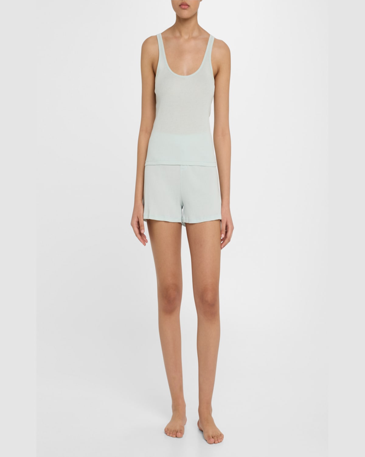 Skin Ribbed Pima Cotton Tank & Shorts Pajama Set In Seafoam