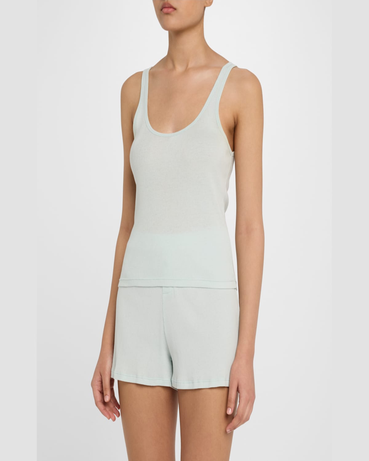 Skin Ribbed Pima Cotton Tank & Shorts Pajama Set In Seafoam