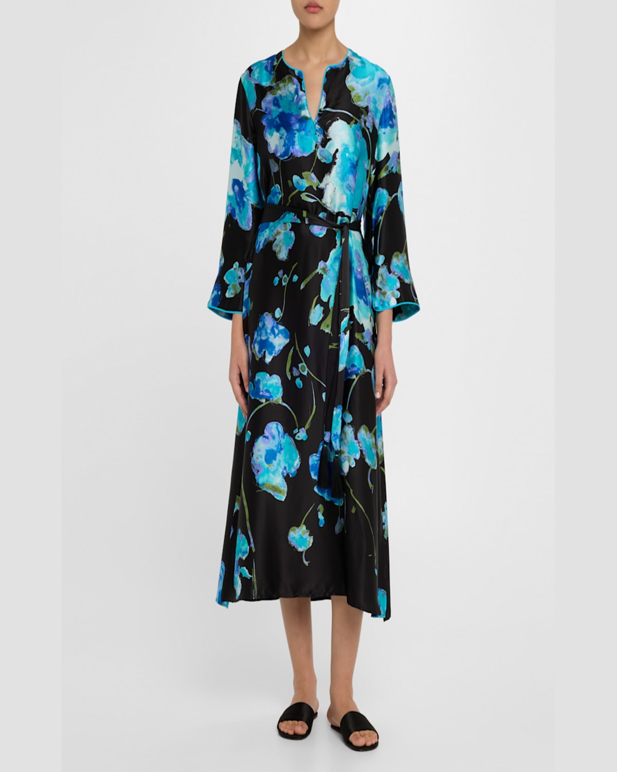 Josie Natori Sakura Matsuri Floral-print Silk Midi Dress In Black