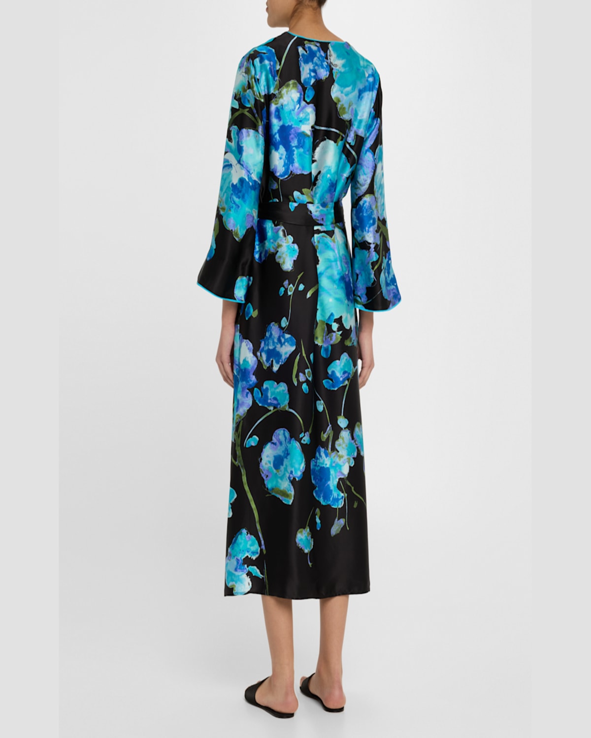 Josie Natori Sakura Matsuri Floral-print Silk Midi Dress In Black