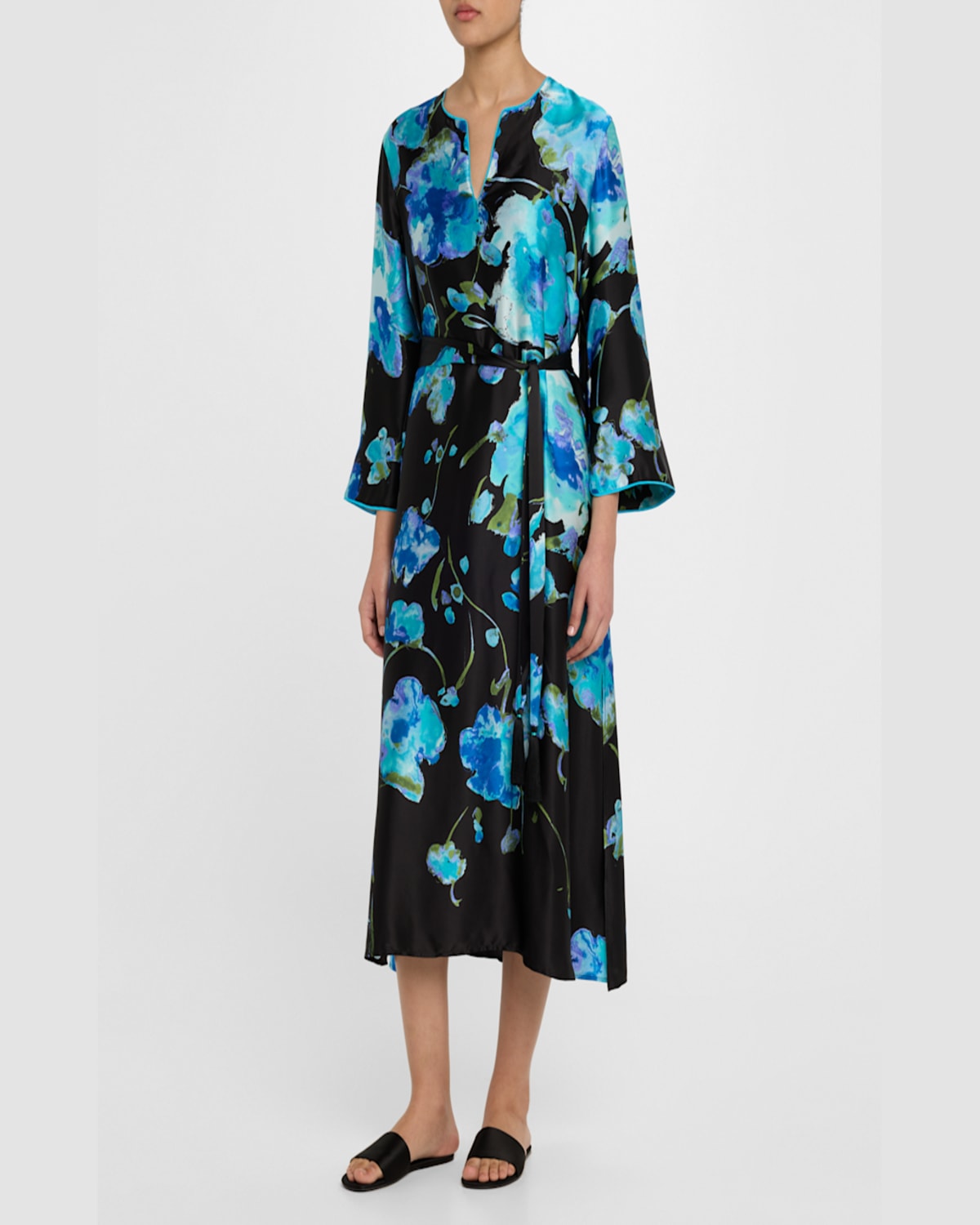Josie Natori Sakura Matsuri Floral-print Silk Midi Dress In Black