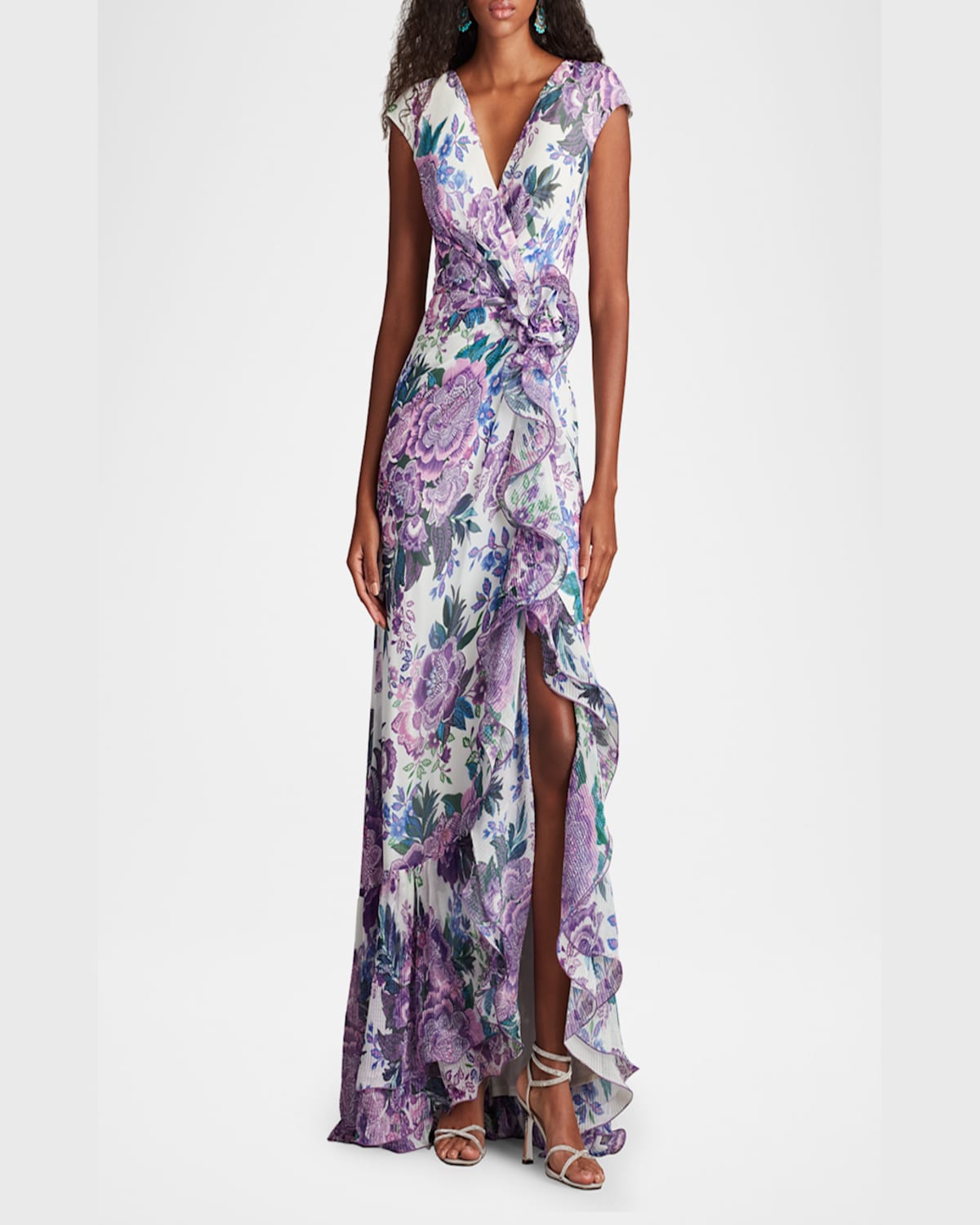 Tadashi Shoji Floral-print Ruffle Gown In White Purple Floral