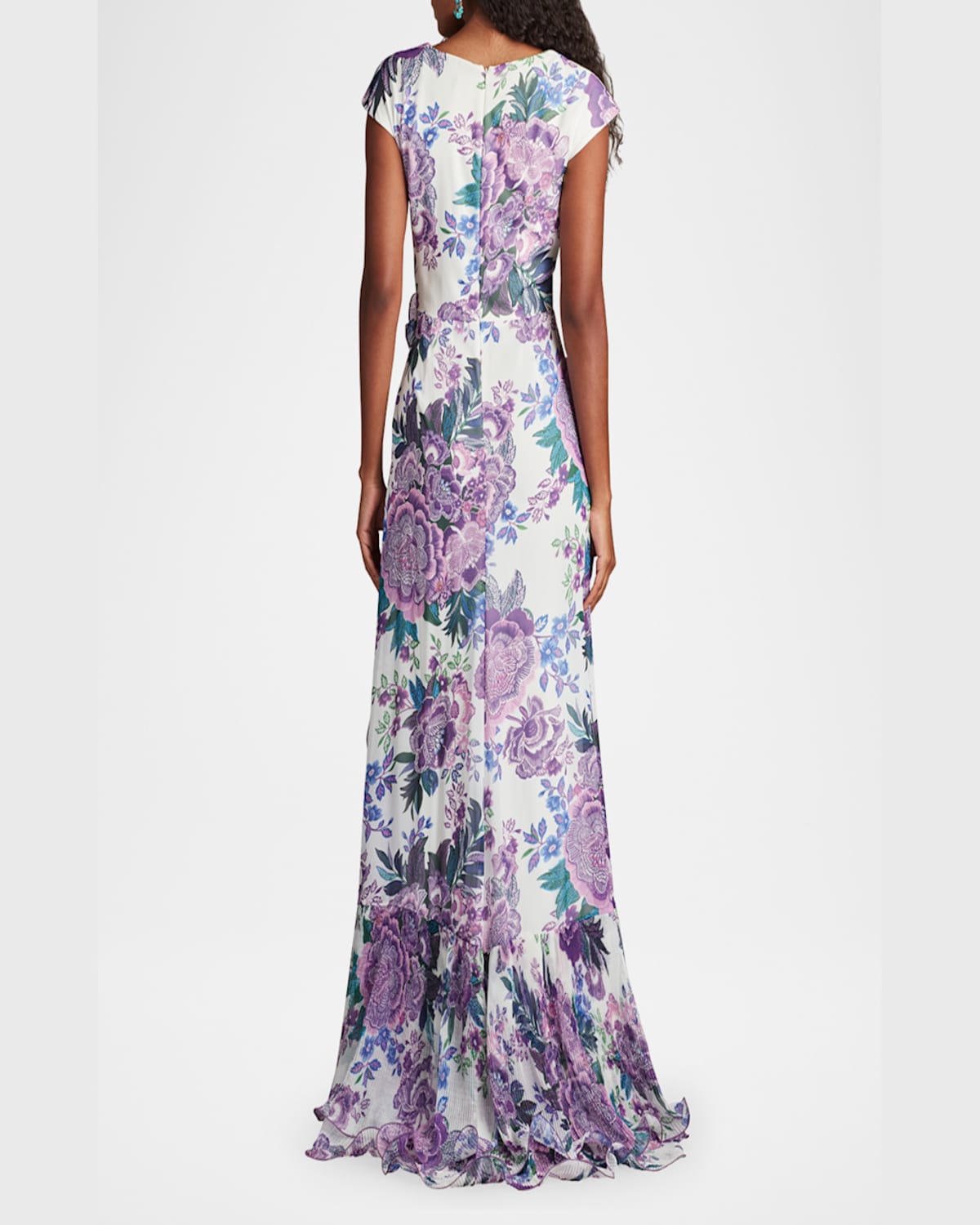 Tadashi Shoji Floral-print Ruffle Gown In White Purple Floral