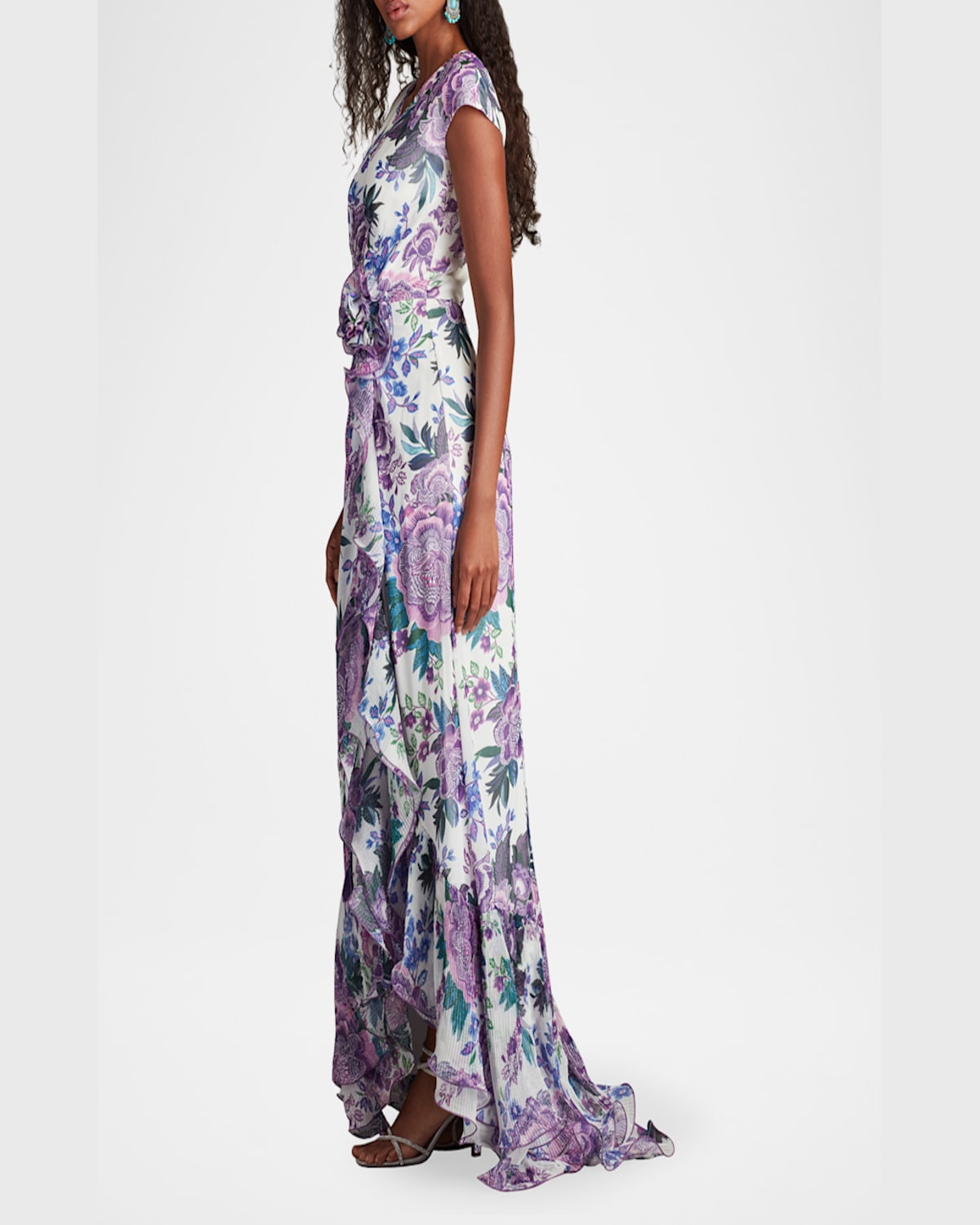Tadashi Shoji Floral-print Ruffle Gown In White Purple Floral