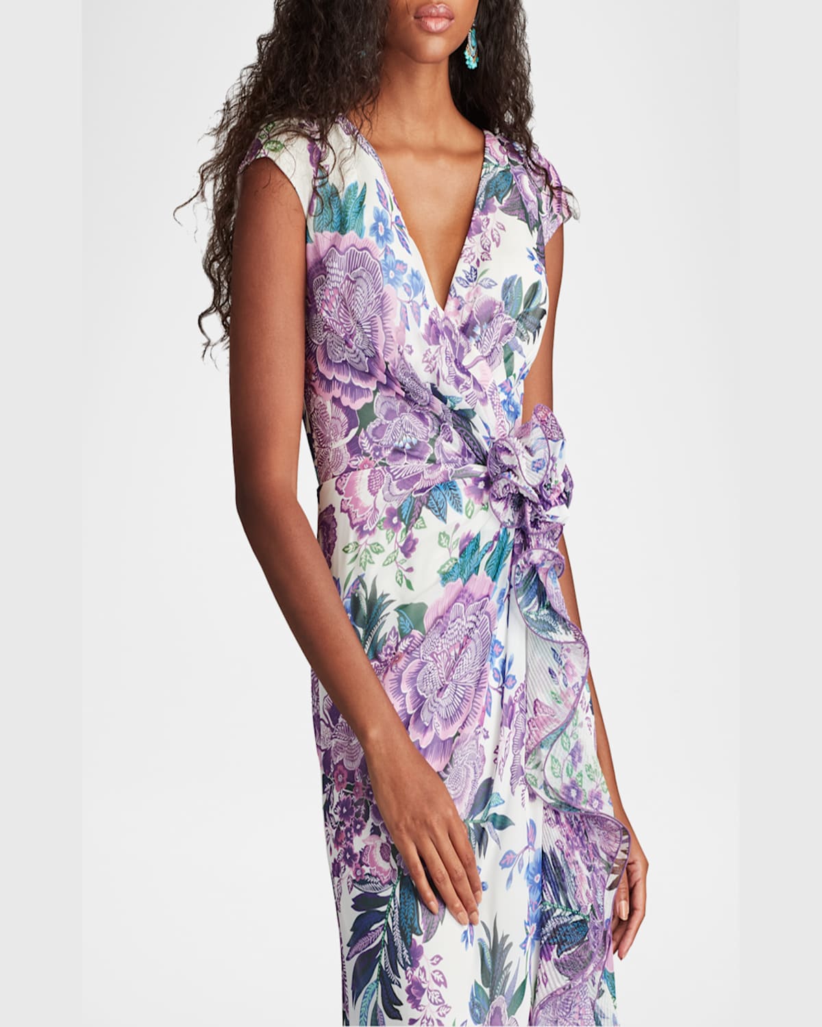 Tadashi Shoji Floral-print Ruffle Gown In White Purple Floral
