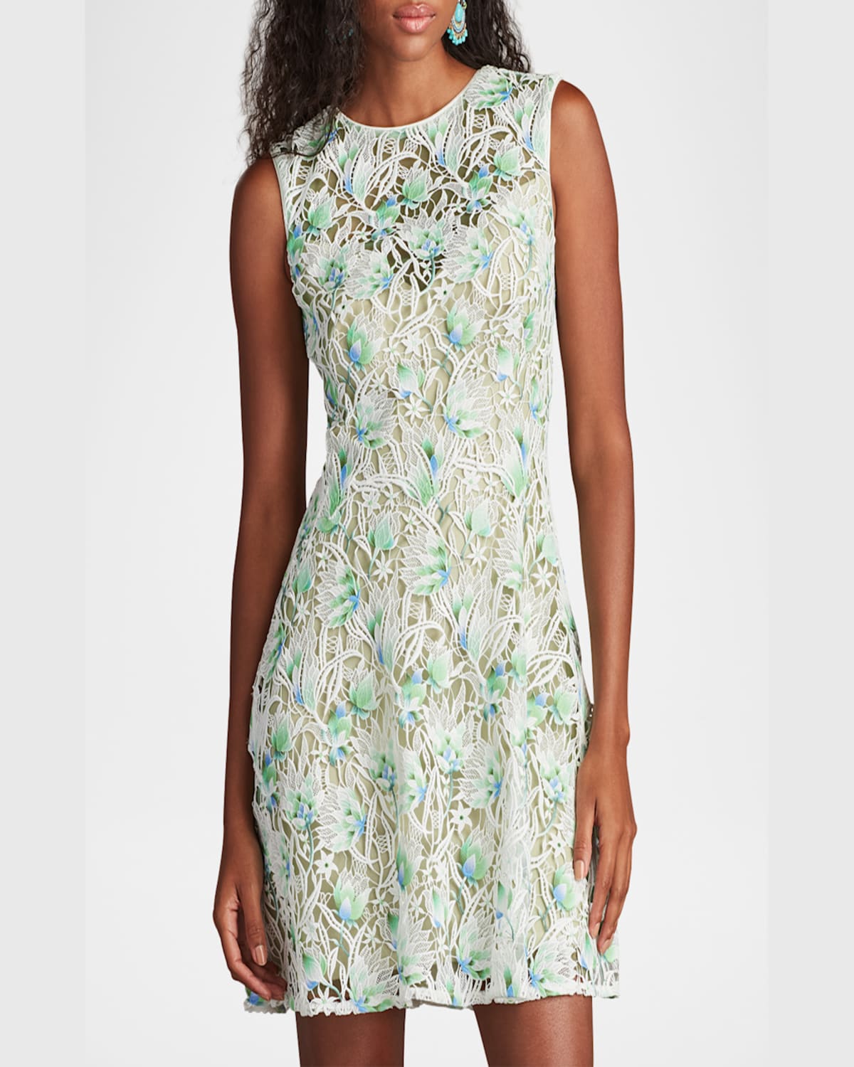 Tadashi Shoji Sleeveless Floral Lace Mini Dress In White Aloe Green