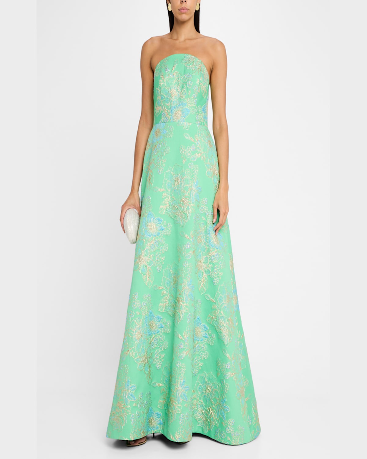 Rickie Freeman For Teri Jon Strapless Metallic Floral Jacquard Gown In Green Mult