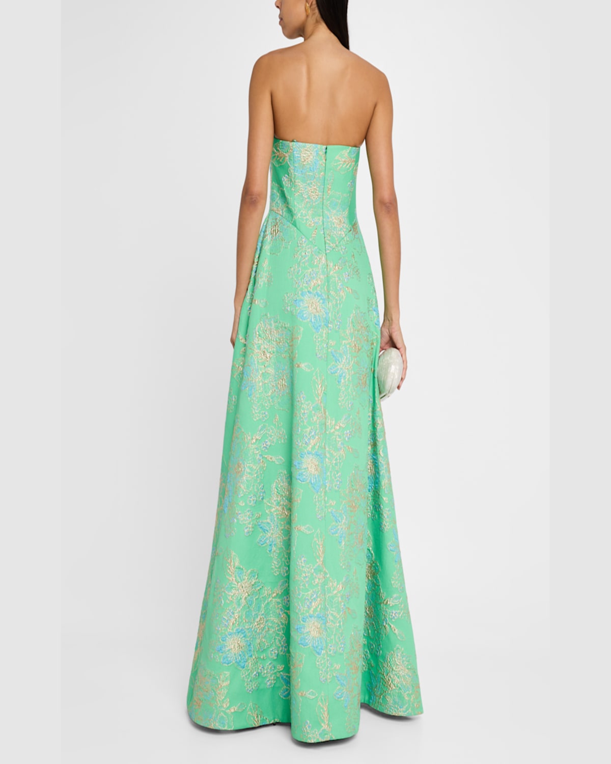Rickie Freeman For Teri Jon Strapless Metallic Floral Jacquard Gown In Green Mult