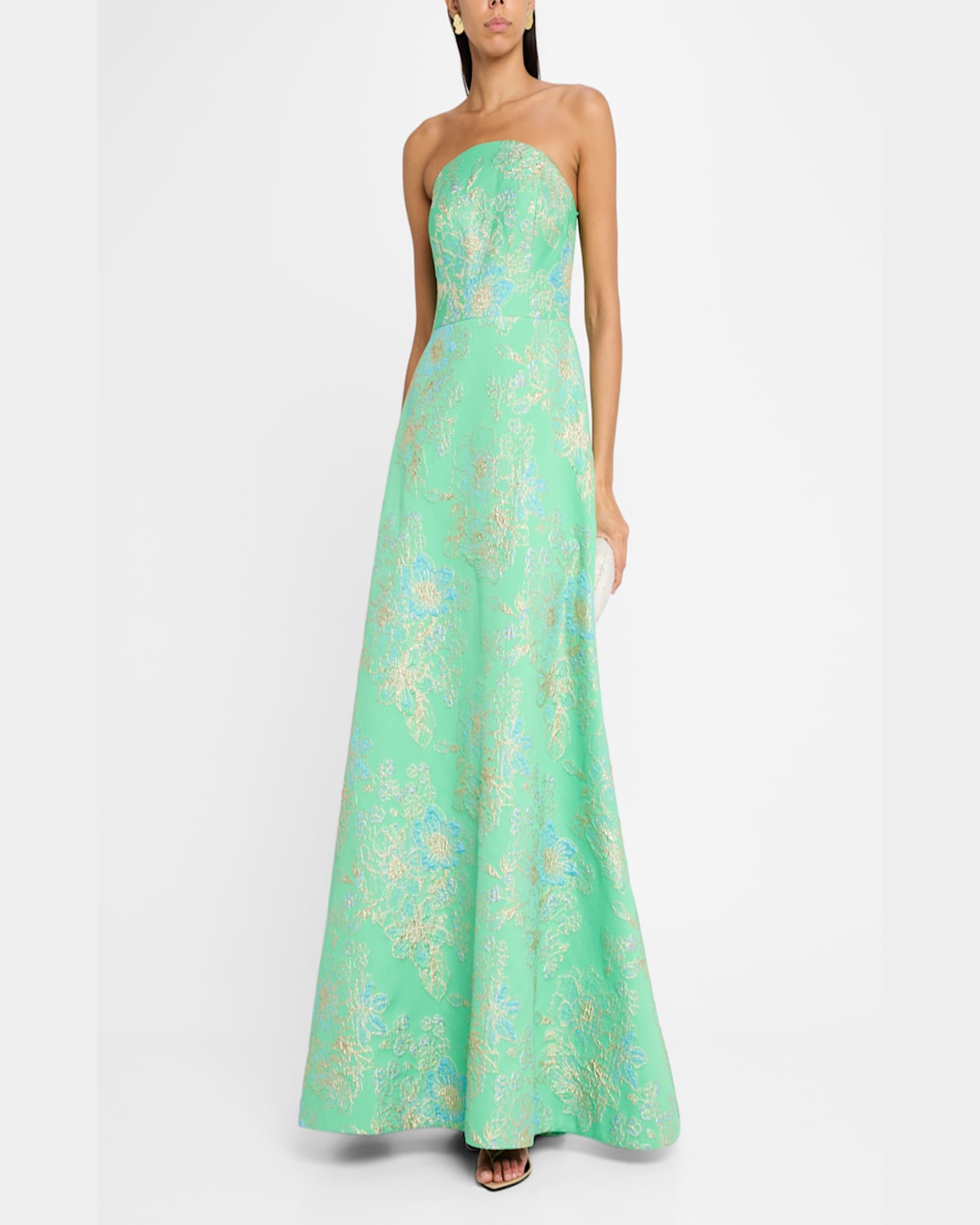 Rickie Freeman For Teri Jon Strapless Metallic Floral Jacquard Gown In Green Mult