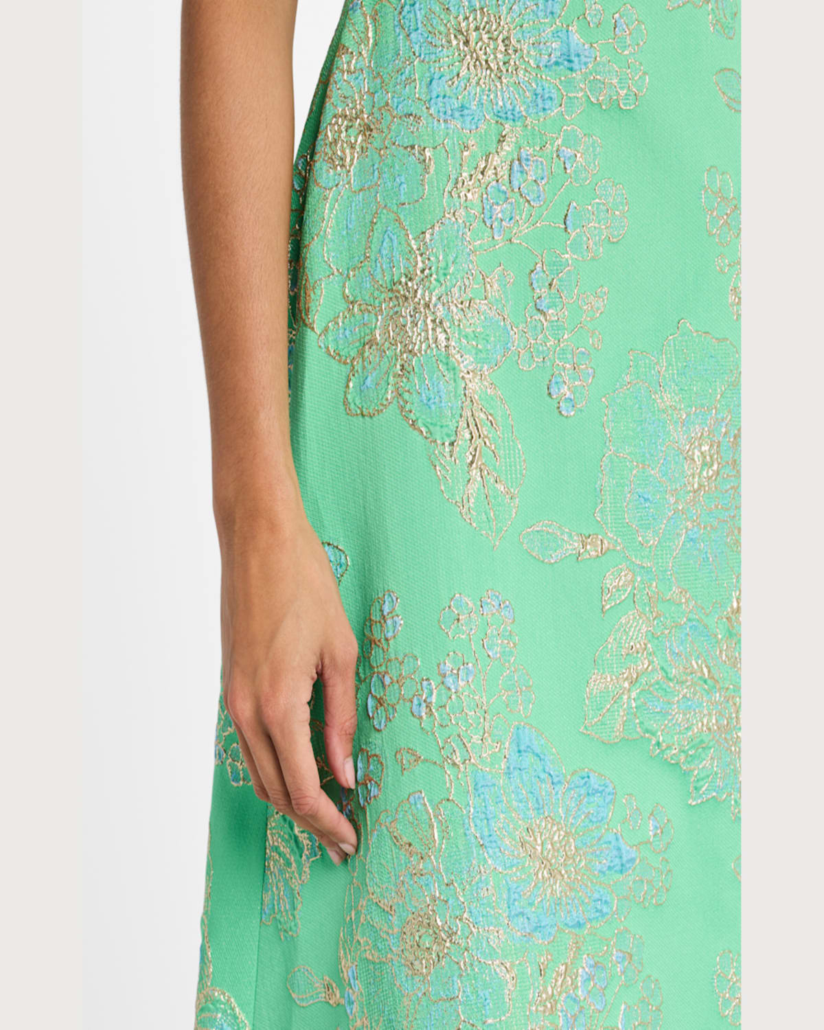 Rickie Freeman For Teri Jon Strapless Metallic Floral Jacquard Gown In Green Mult