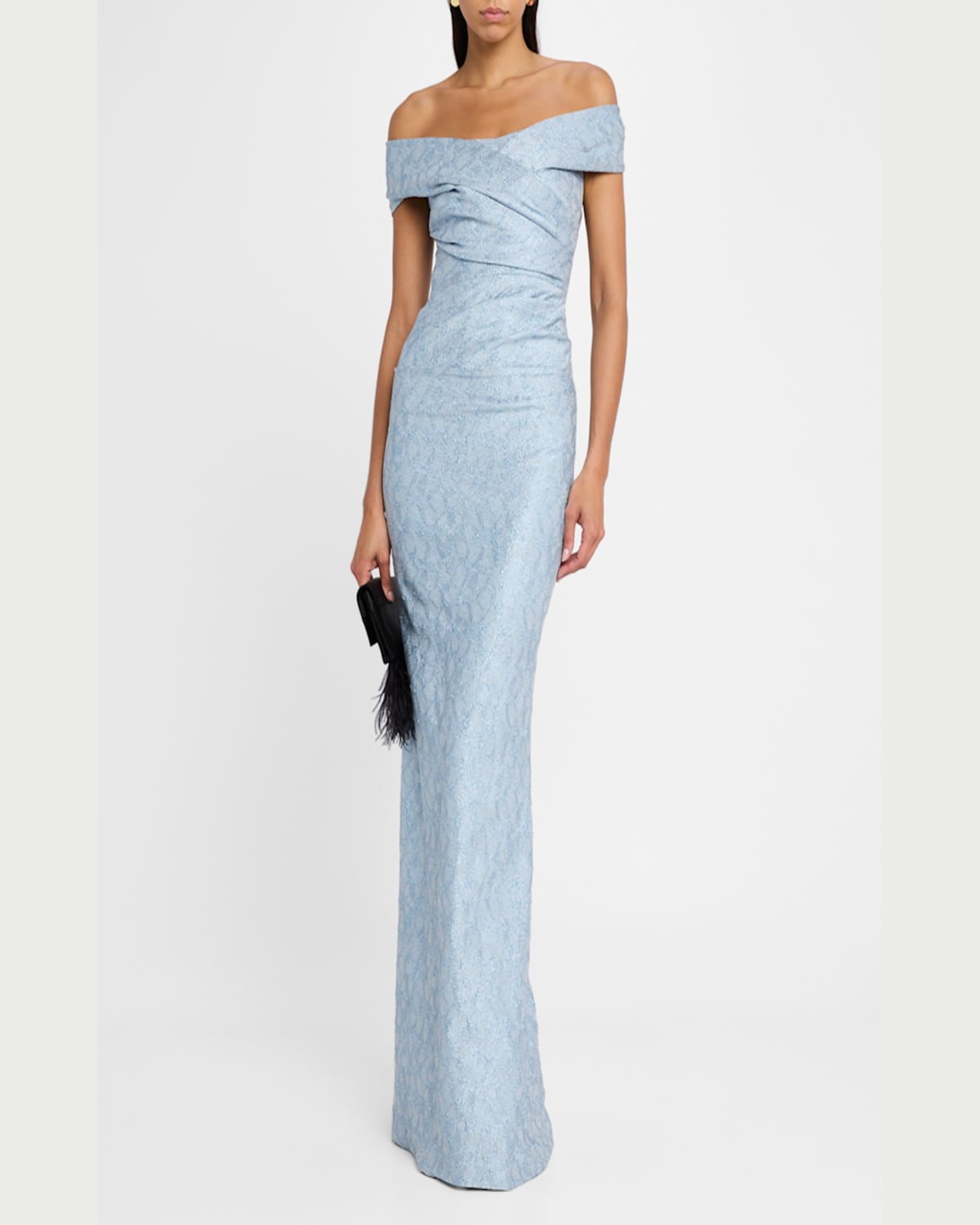 Rickie Freeman For Teri Jon Off-shoulder Metallic Jacquard Column Gown In Light Blue