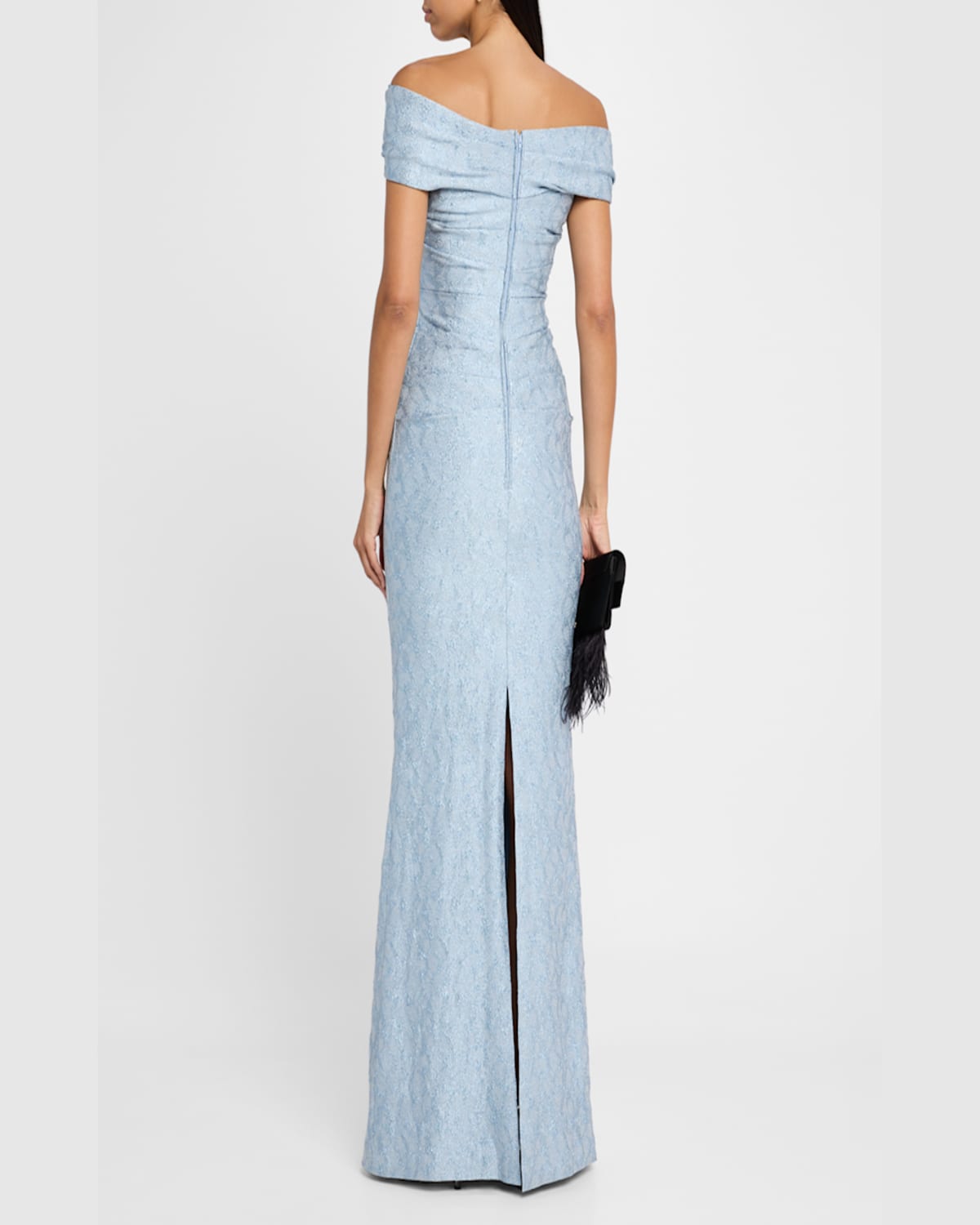 Rickie Freeman For Teri Jon Off-shoulder Metallic Jacquard Column Gown In Light Blue