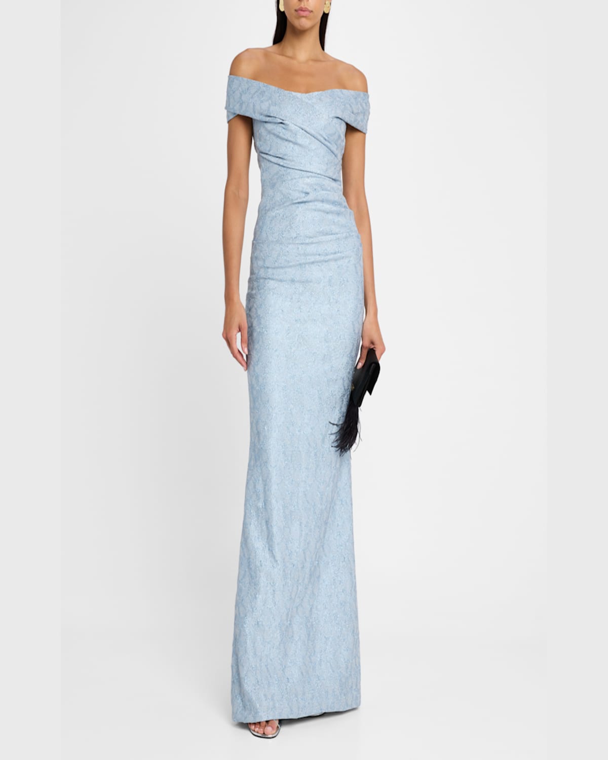 Rickie Freeman For Teri Jon Off-shoulder Metallic Jacquard Column Gown In Light Blue