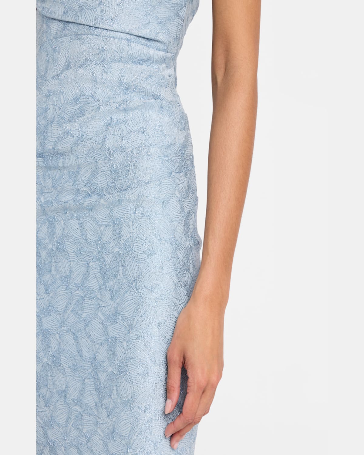 Rickie Freeman For Teri Jon Off-shoulder Metallic Jacquard Column Gown In Light Blue