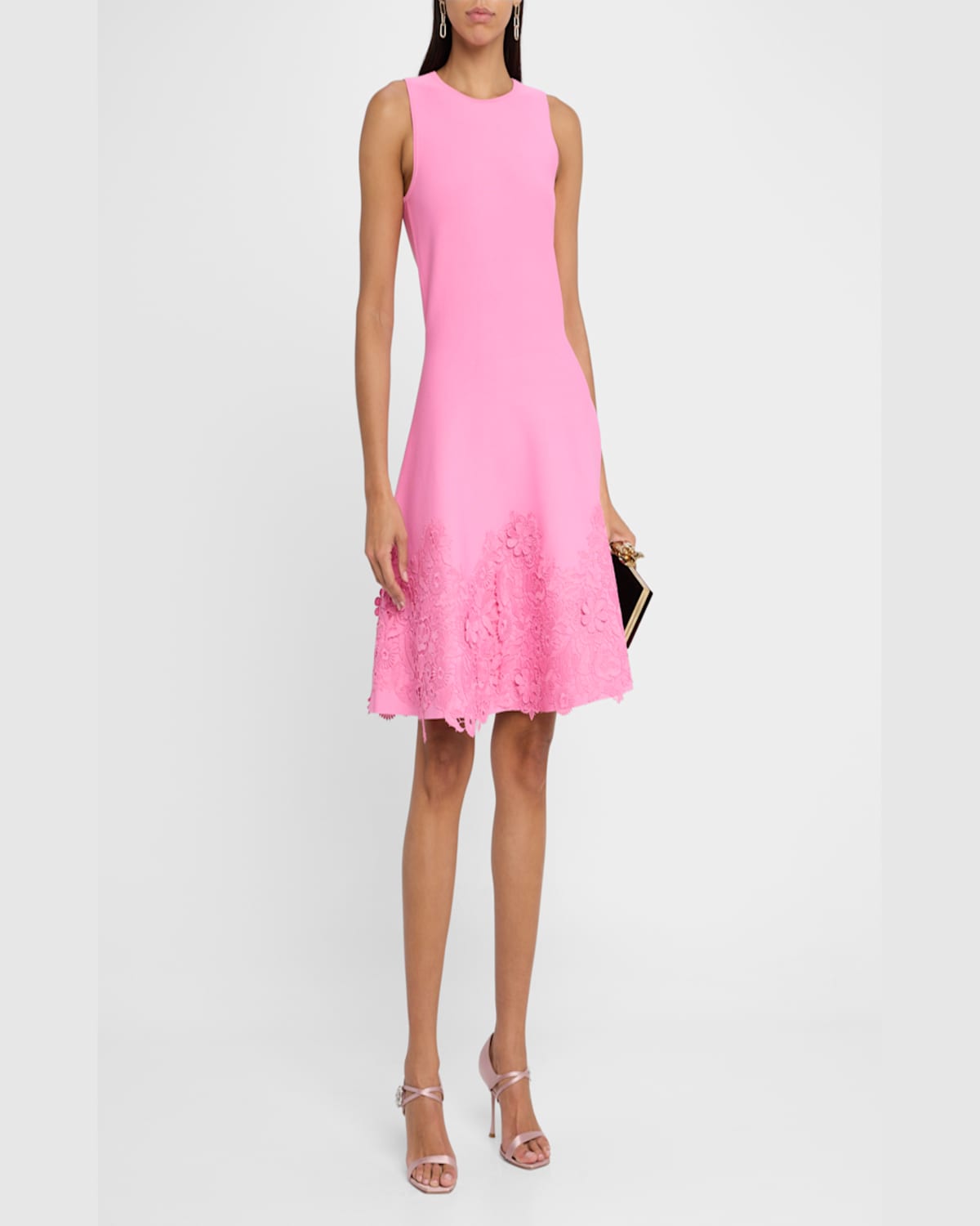 Rickie Freeman For Teri Jon Sleeveless Lace-trim Knit Dress In Carnation Pink