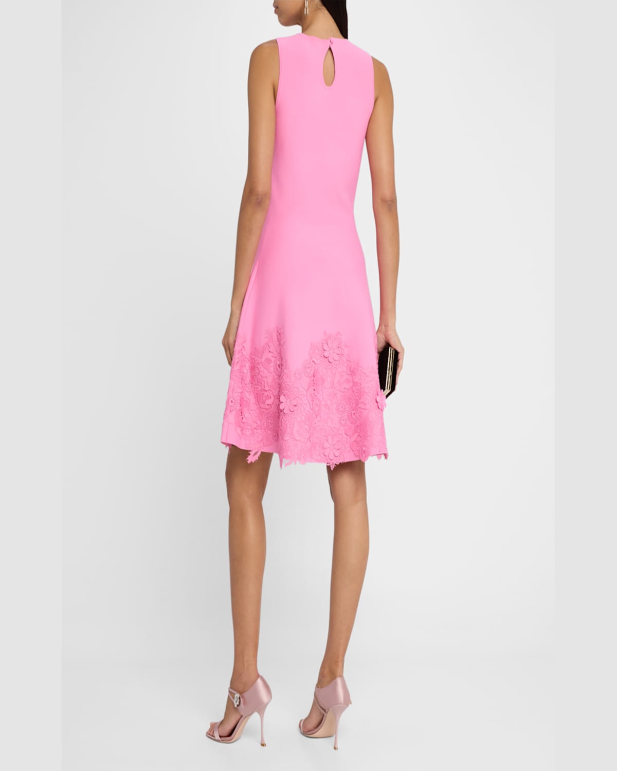 Rickie Freeman For Teri Jon Sleeveless Lace-trim Knit Dress In Carnation Pink