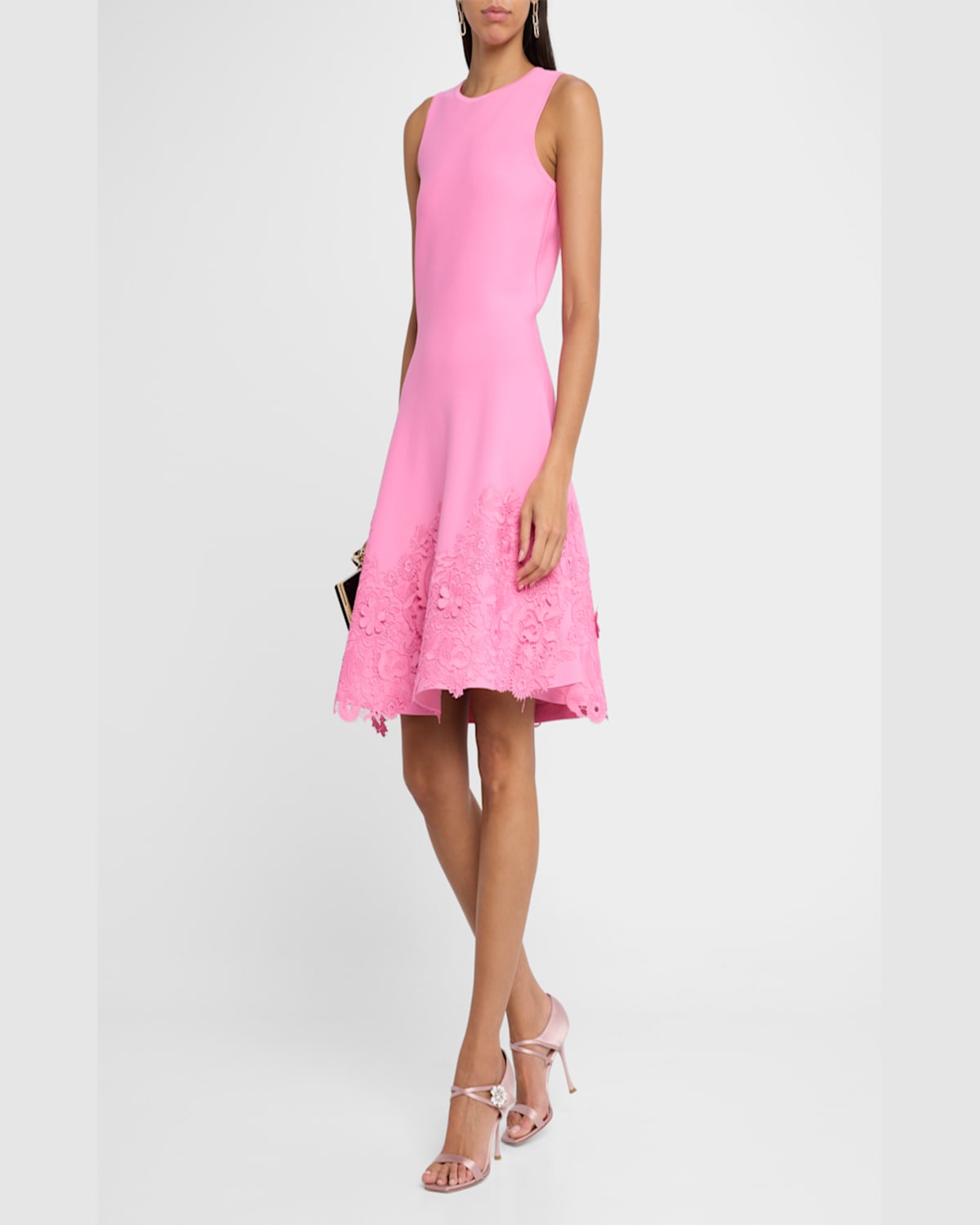 Rickie Freeman For Teri Jon Sleeveless Lace-trim Knit Dress In Carnation Pink