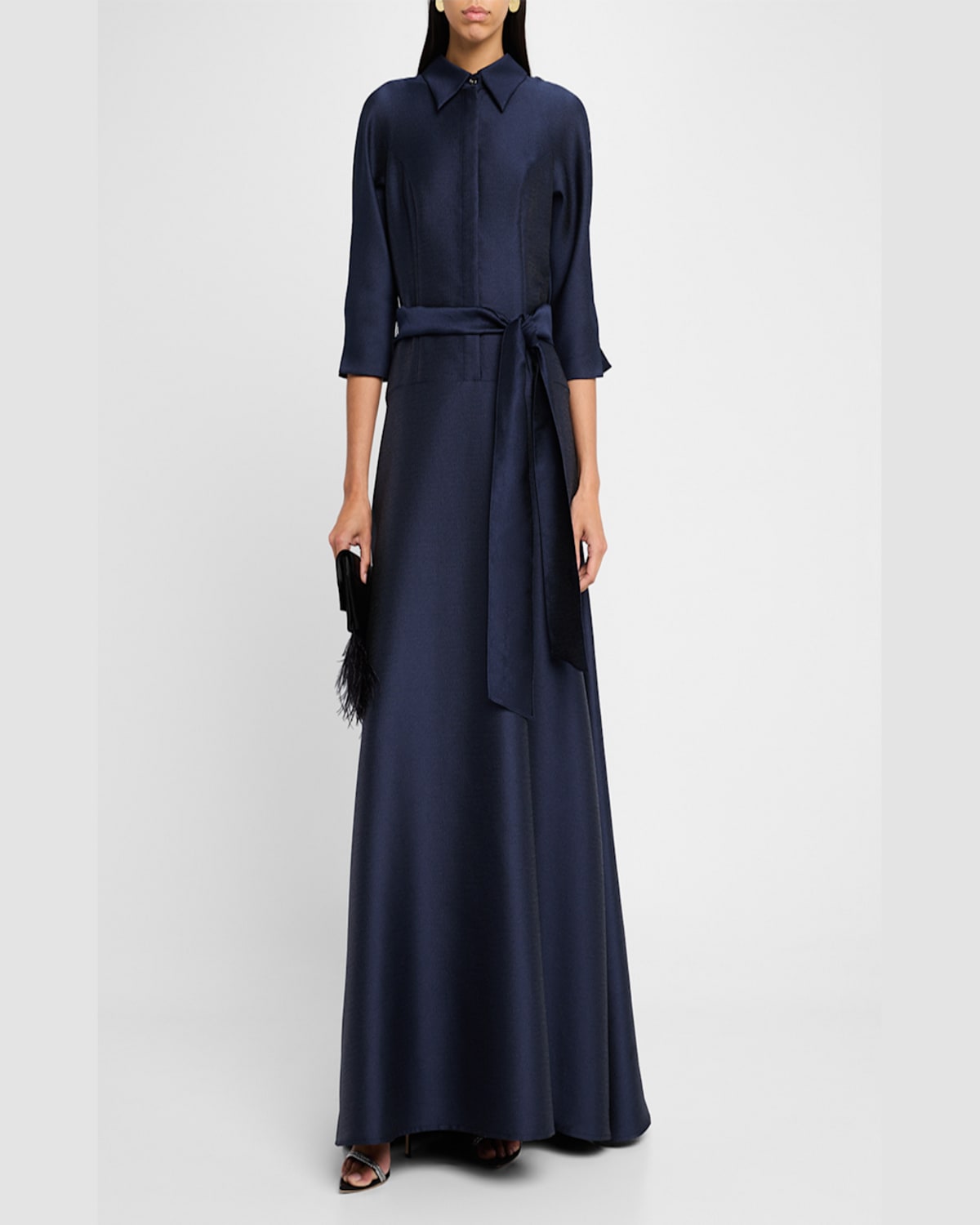 Rickie Freeman For Teri Jon 3/4-sleeve Drop Waist Mikado Shirt Gown In Navy