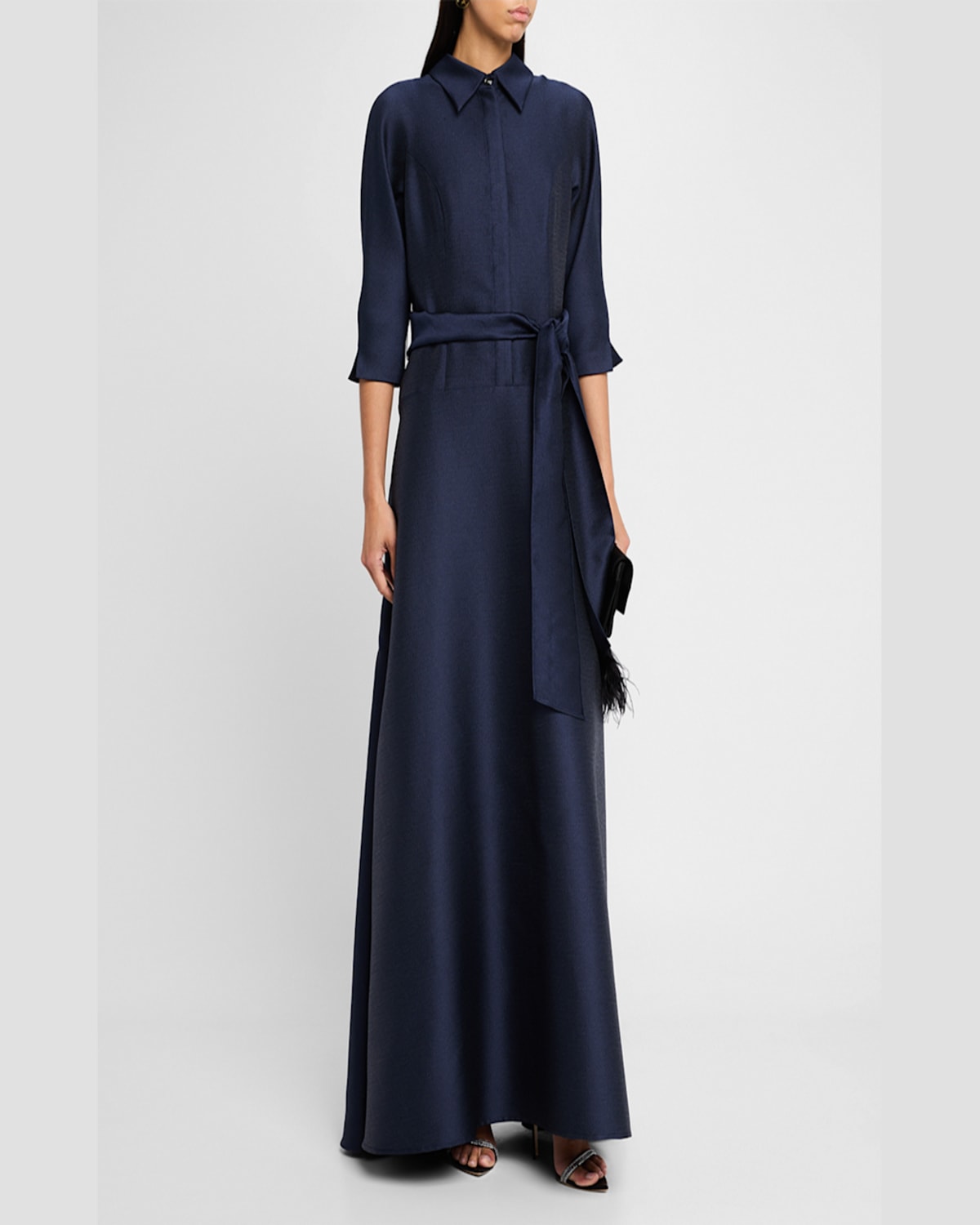 Rickie Freeman For Teri Jon 3/4-sleeve Drop Waist Mikado Shirt Gown In Navy